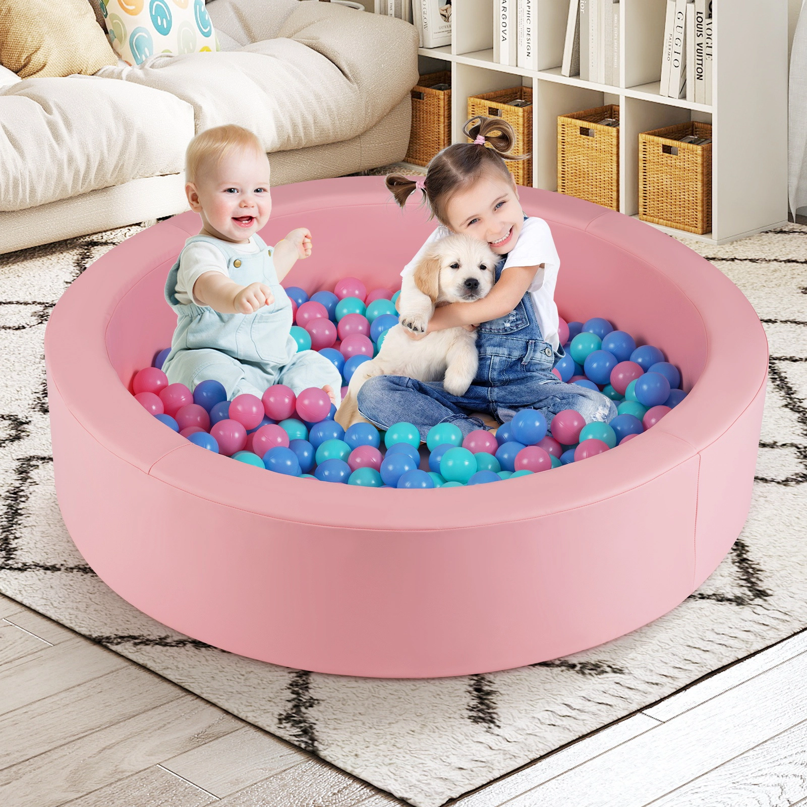 SUGIFT 25D Sponge Round Foam Climber Ball Pit Washable PU Cover 41.5-in Diameter Ages 3+ with 200 Spheres Pink & Gray