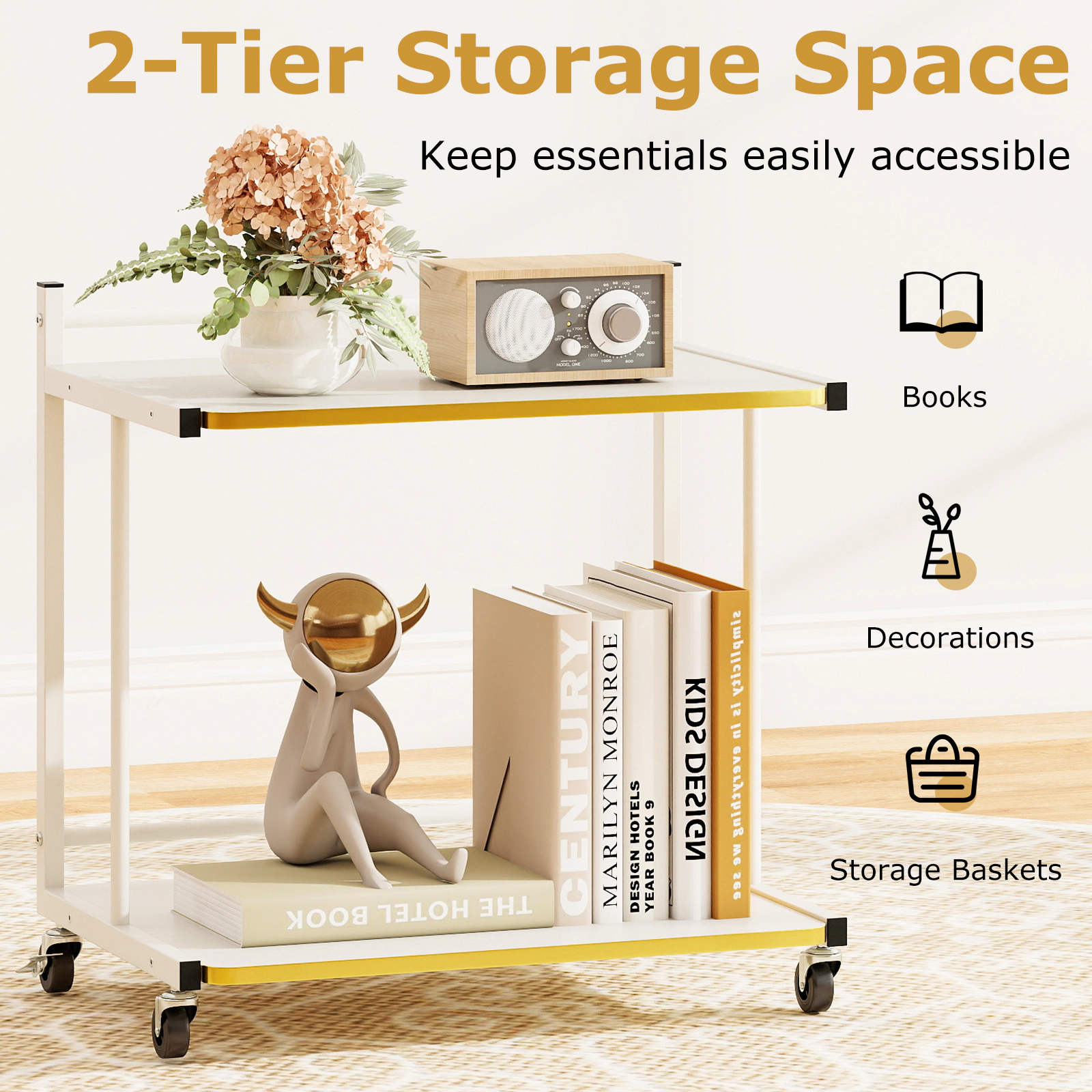 Glintex Mobile 2-Tier C-Shaped Side Table with Gold Trim and Anti-Drop Guardrails, White