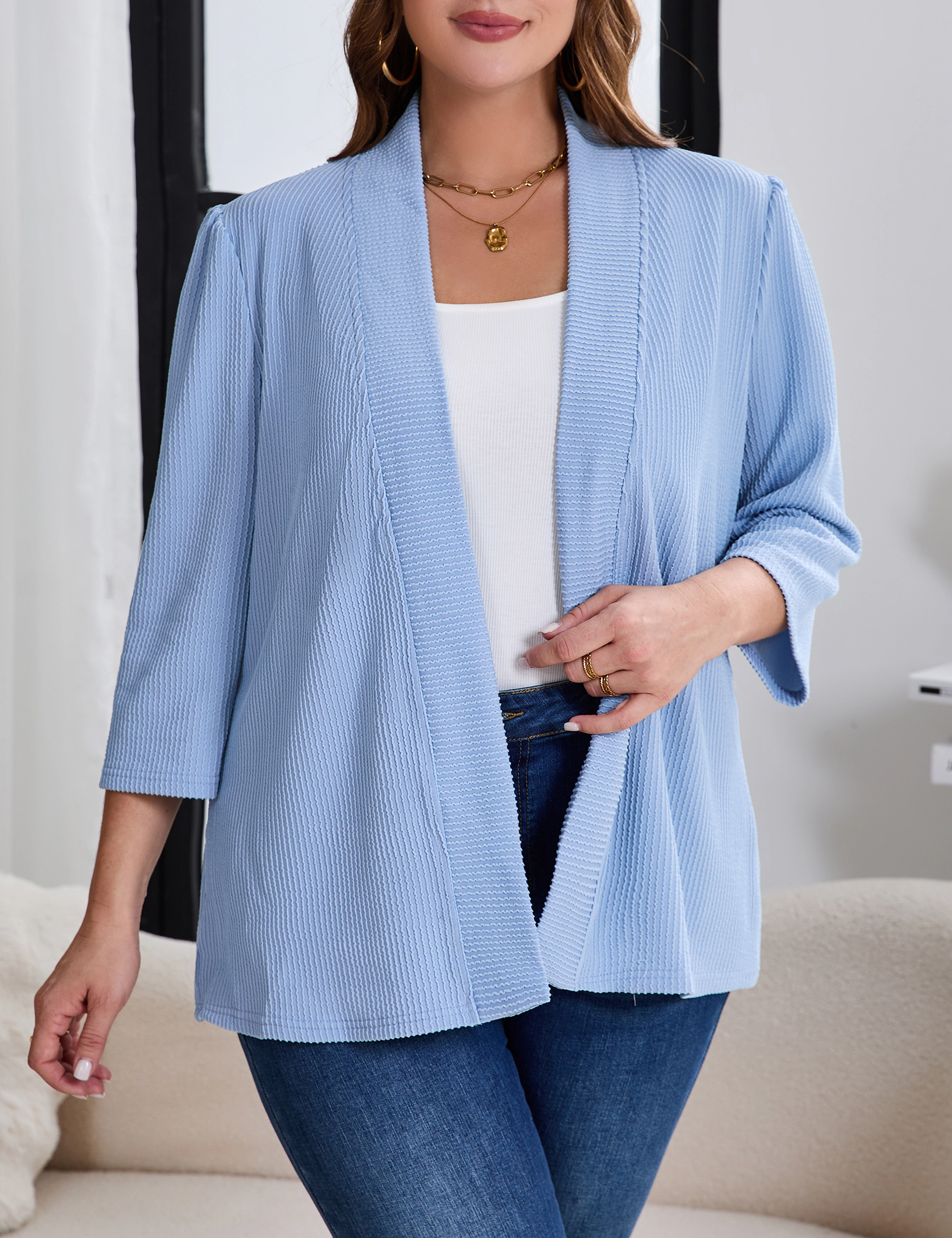 KOJOOIN Women's Plus 3/4 Sleeve Cardigan Open Front Knit Sweater Lightweight Ribbed Coat