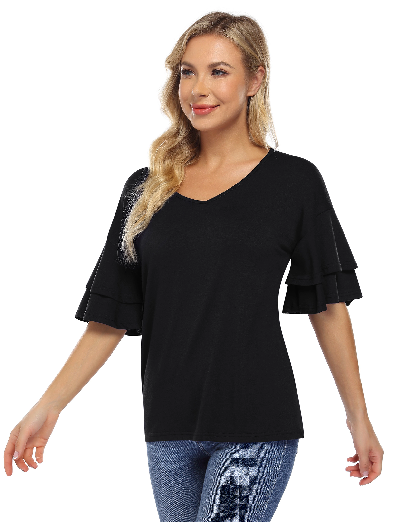 KOJOOIN Women V Neck Tunic Tops Double Tier Ruffle Short Sleeve T-Shirts Dressy Casual Blouse Basic Tee