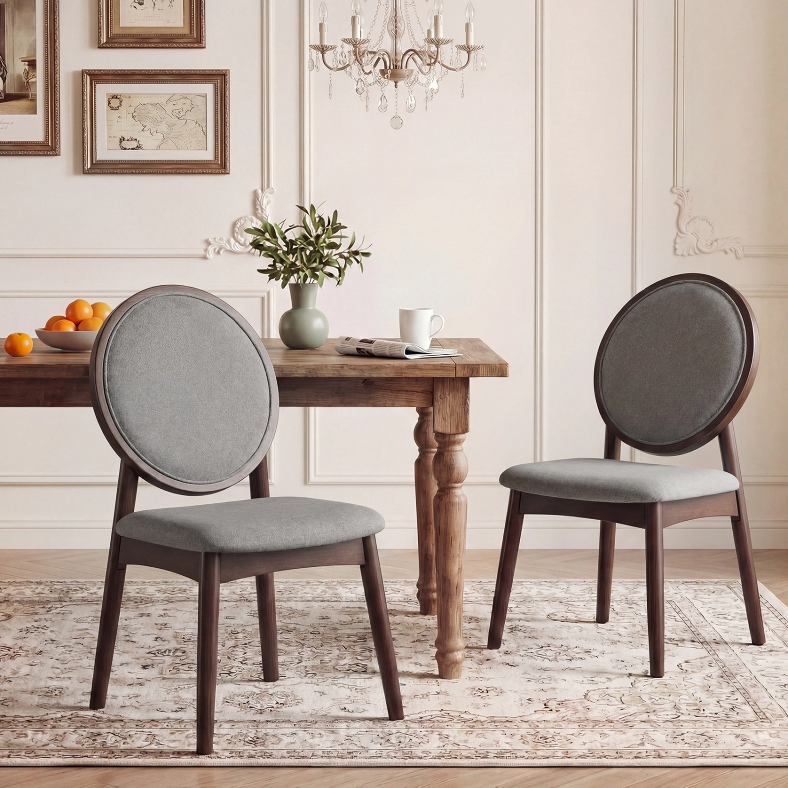 SUGIFT Set of 2 Gray Linen Padded Dining Chairs, 17.5-in Seat, Rubber Wood Legs