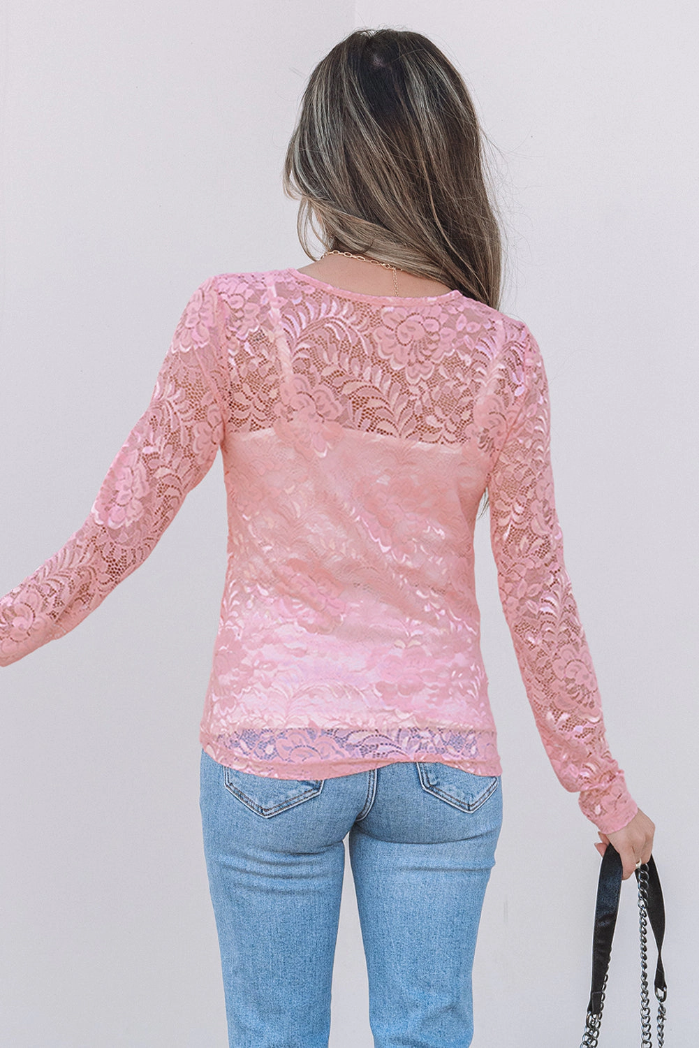 Threaded Pear Women's Amanda Floral Lace Sheer Long Sleeve Top