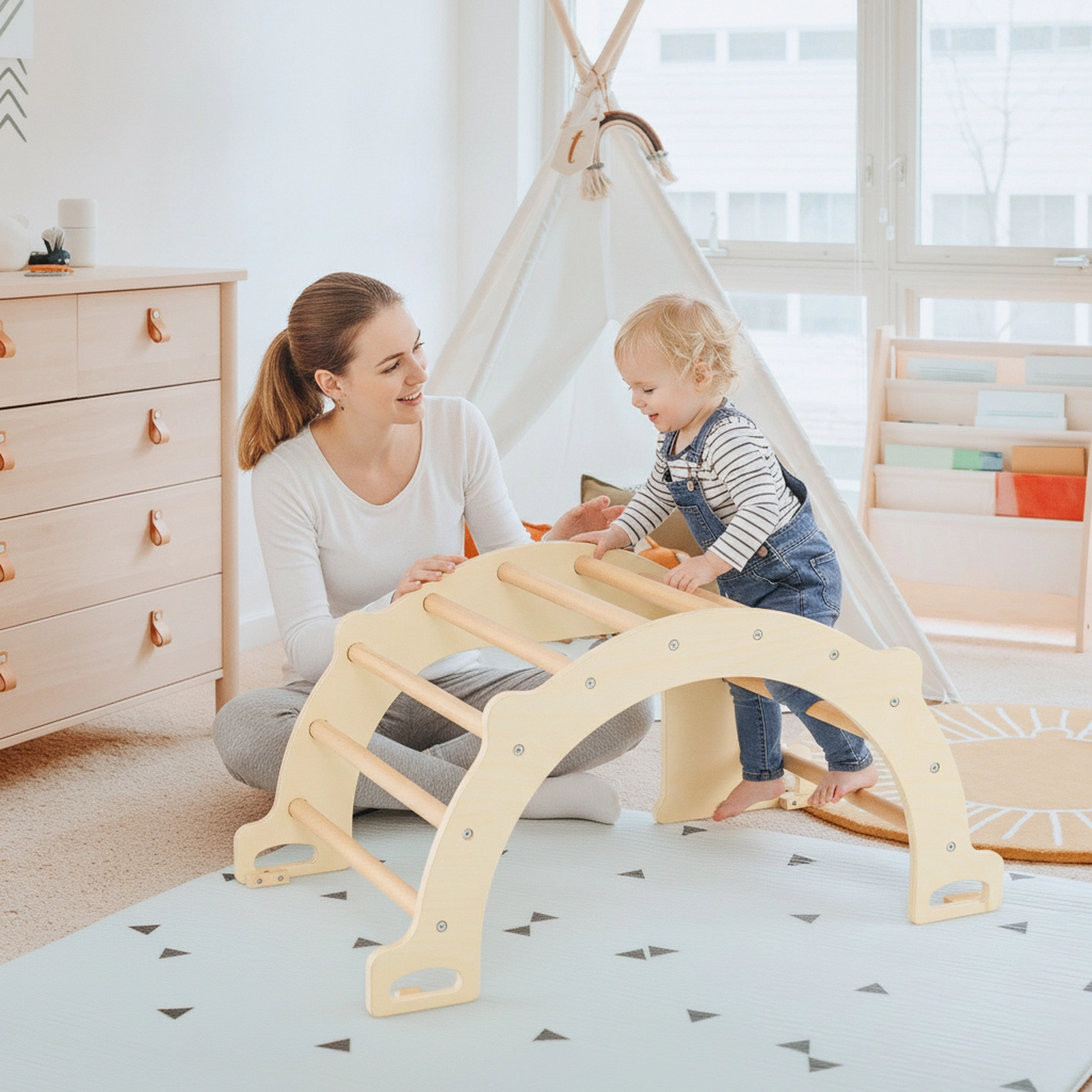 8-in-1 Wooden Climbing Arch Sensory Table Collapsible Storage Bin Rocker Stoppers and 110-lb Capacity Ages 3+ Natural