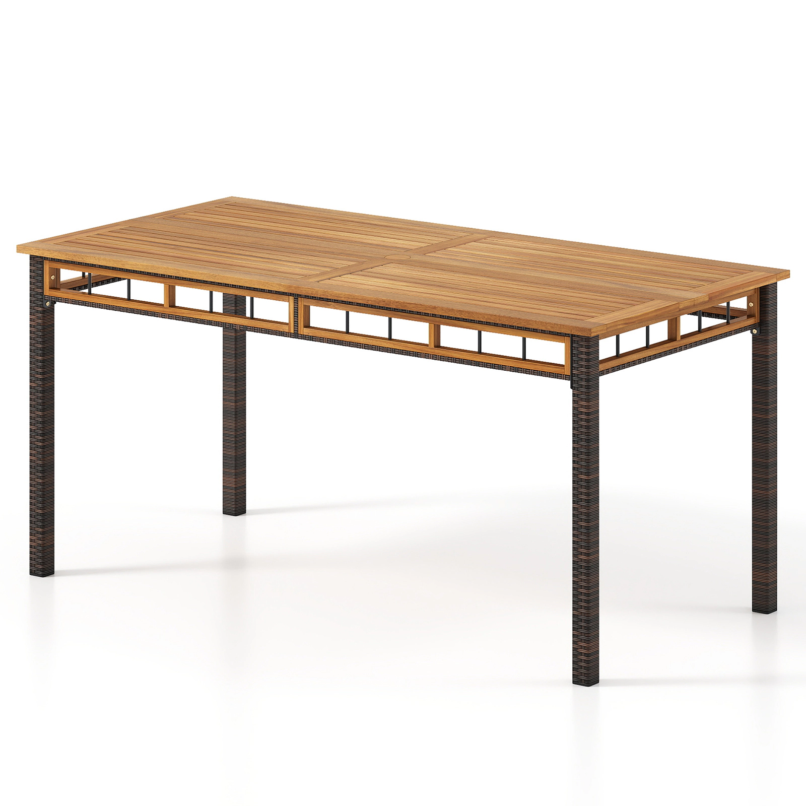 SUGIFT 63-in Outdoor Dining Table with Acacia Wood Slatted Tabletop 165-lb Capacity Natural + Black
