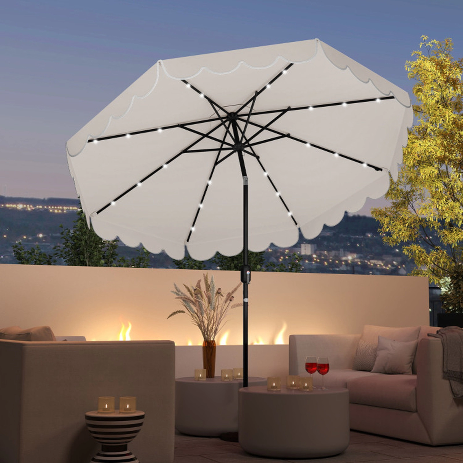SUGIFT 9.3-ft Solar Patio Umbrella with 24 LED Lights Vented Top Ruffled Edges 9.3 x 8.2 in Polyester Canopy Beige