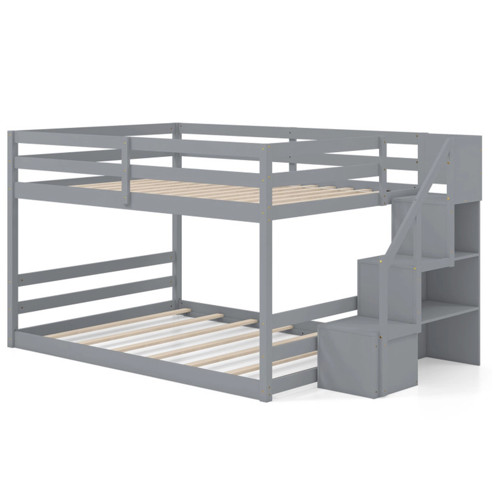 SUGIFT Kids Full Over Full Storage Stairs Solid Wood Low Bunk Bed 94.5-in x 56.5-in x 50.5-in 250-lb Capacity Gray