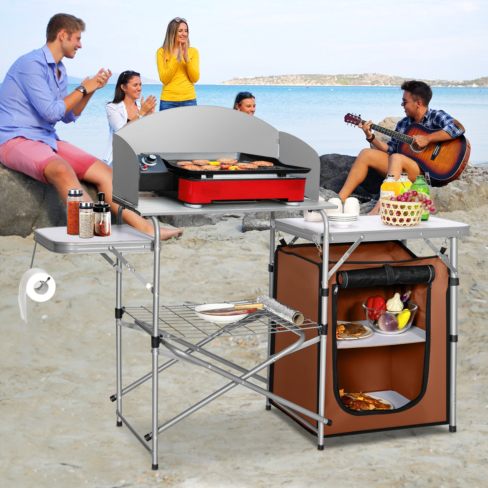 LJG Foldable Outdoor BBQ Portable Grilling Table with Windscreen Bag