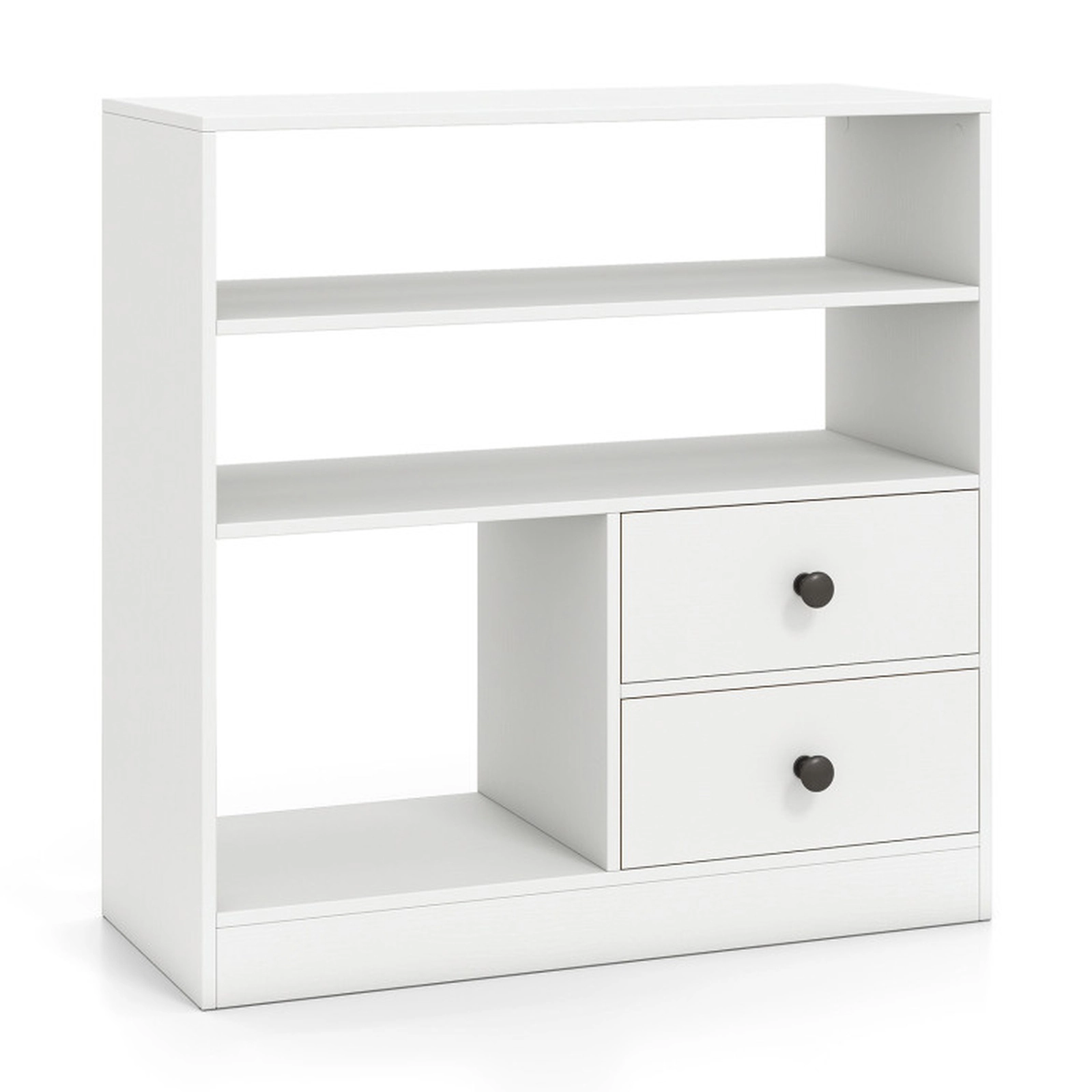 SUGIFT Open Storage Cabinet with 3 Open Compartments and 2 Drawers Accent Table 44-lb Countertop Capacity White Black
