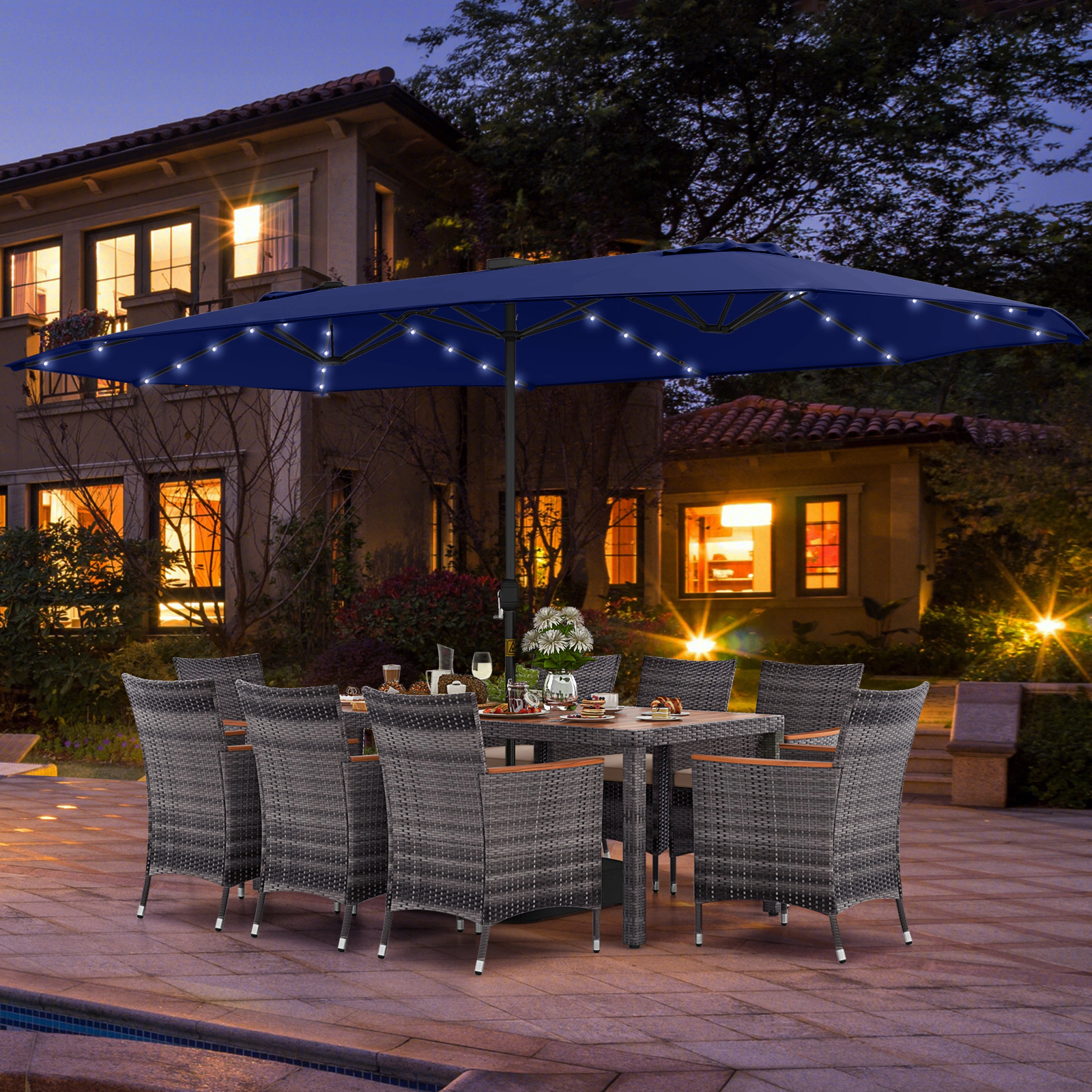 SUGIFT 11-Piece Navy Patio Dining Set, 15-ft Solar LED Umbrella with Base