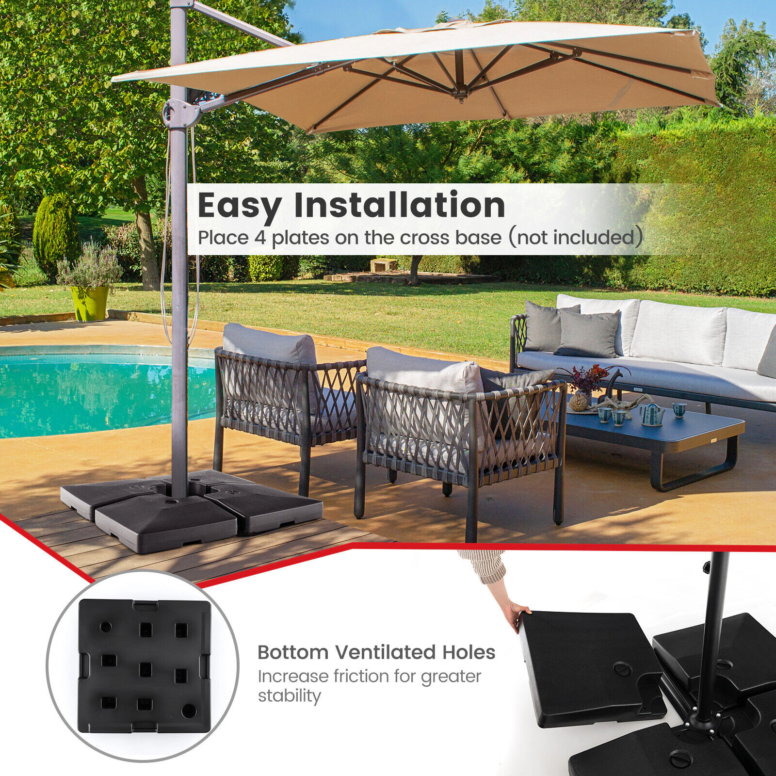 Slickblue Outdoor Cantilever Umbrella Base Plates 4 Pack Fillable Sand or Water Weighted Set Black