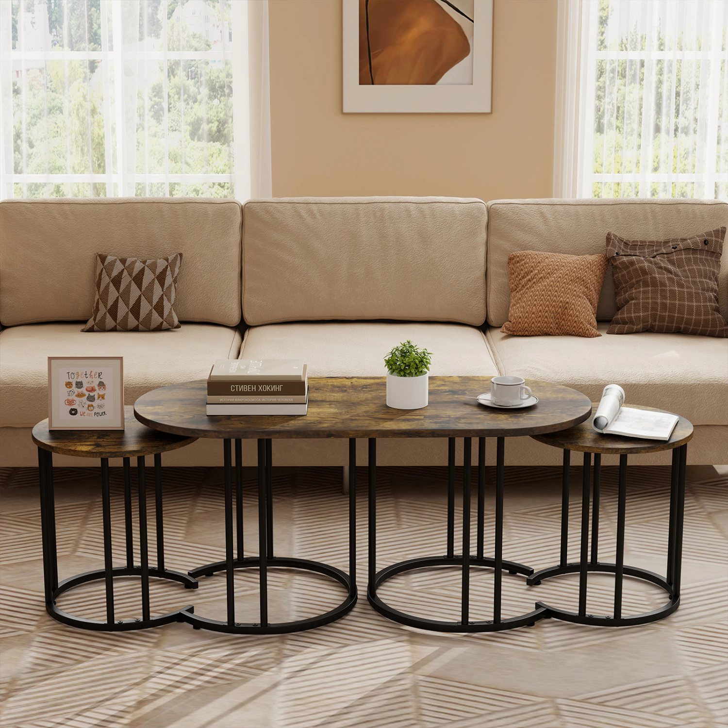 Glintex 3-Piece Nesting Coffee Table Set with Faux Marble Tops and Metal Tube Frames, Rustic Brown & Black