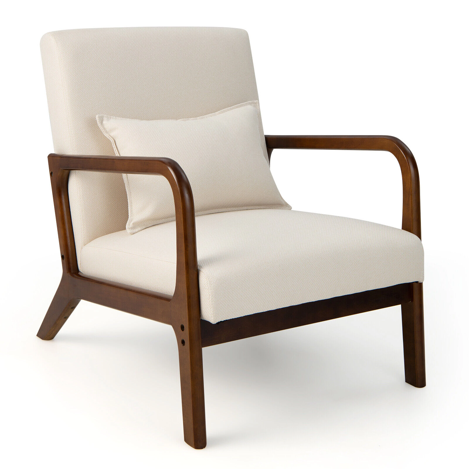 SUGIFT Beige 330-lb Capacity Faux Linen Modern Accent Chair with Rubber Wood Frame Armrests and Lumbar Pillow