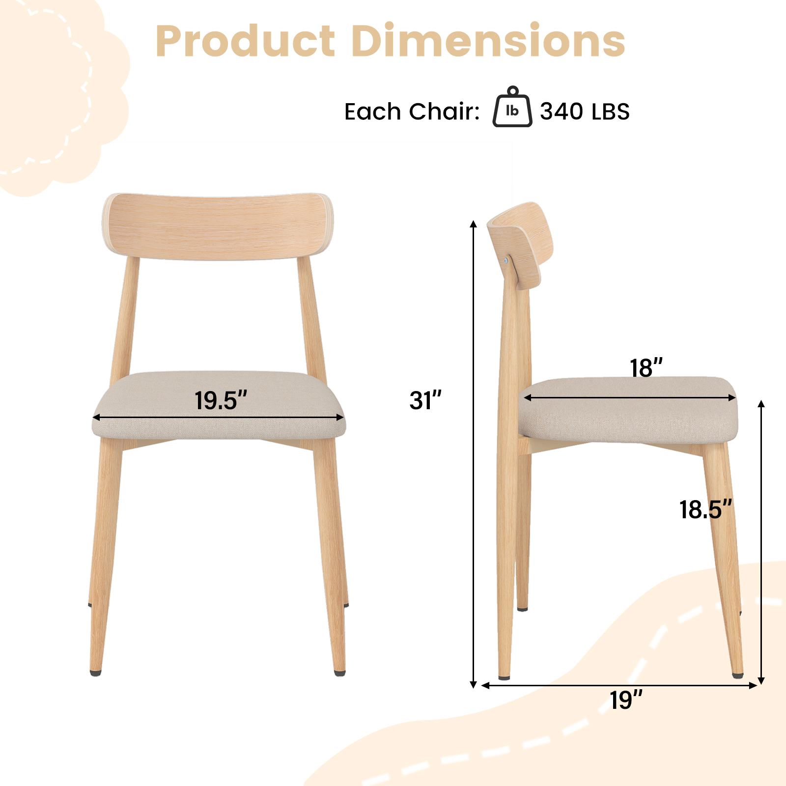SUGIFT Linen Fabric Upholstered Modern Dining Chair Set of 4 with Padded Seat & Curved Back 340-lb Capacity Oak+Oatmeal