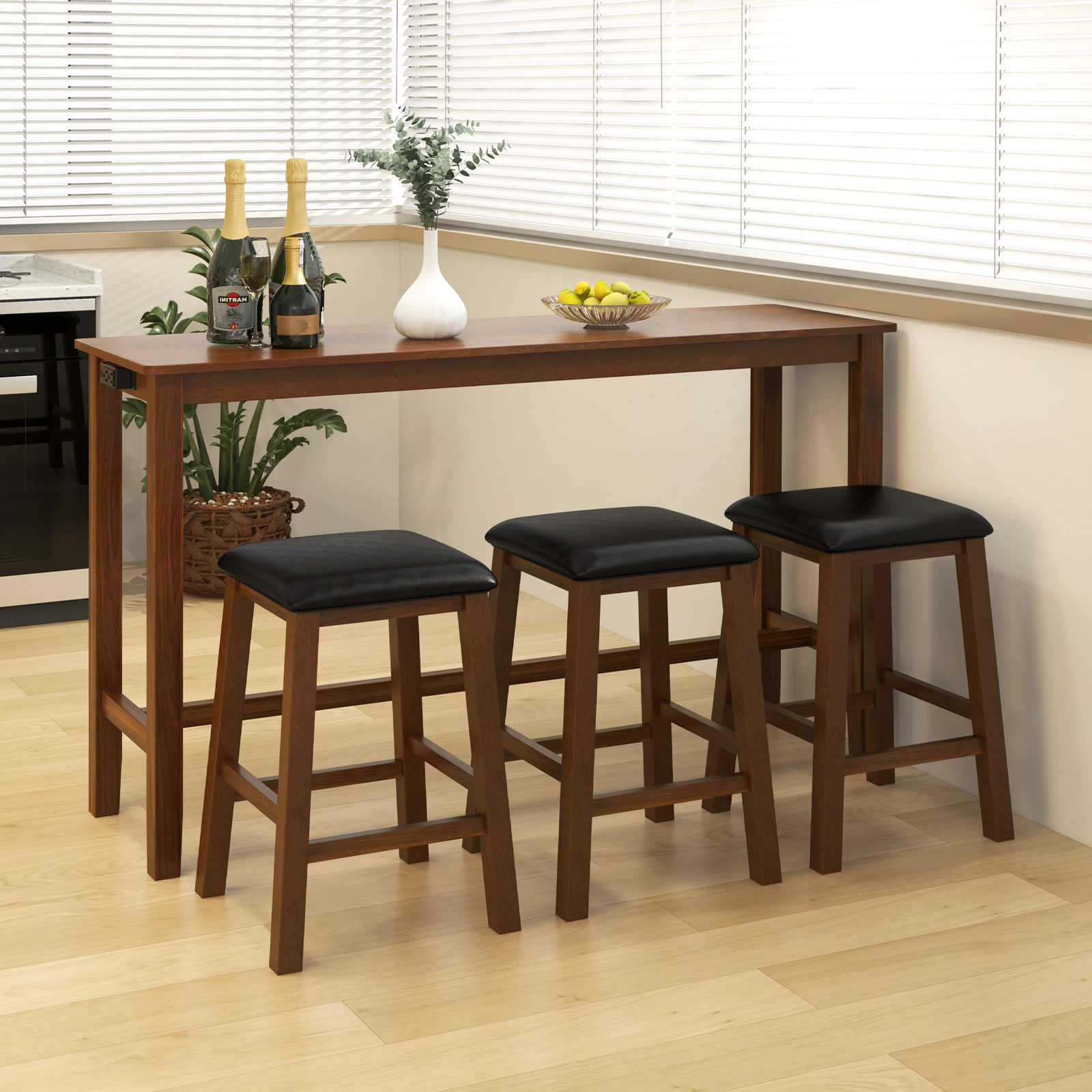 Slickblue 4 Piece Counter Height Dining Table Set with 3 Stools Walnut Brown USB Outlet