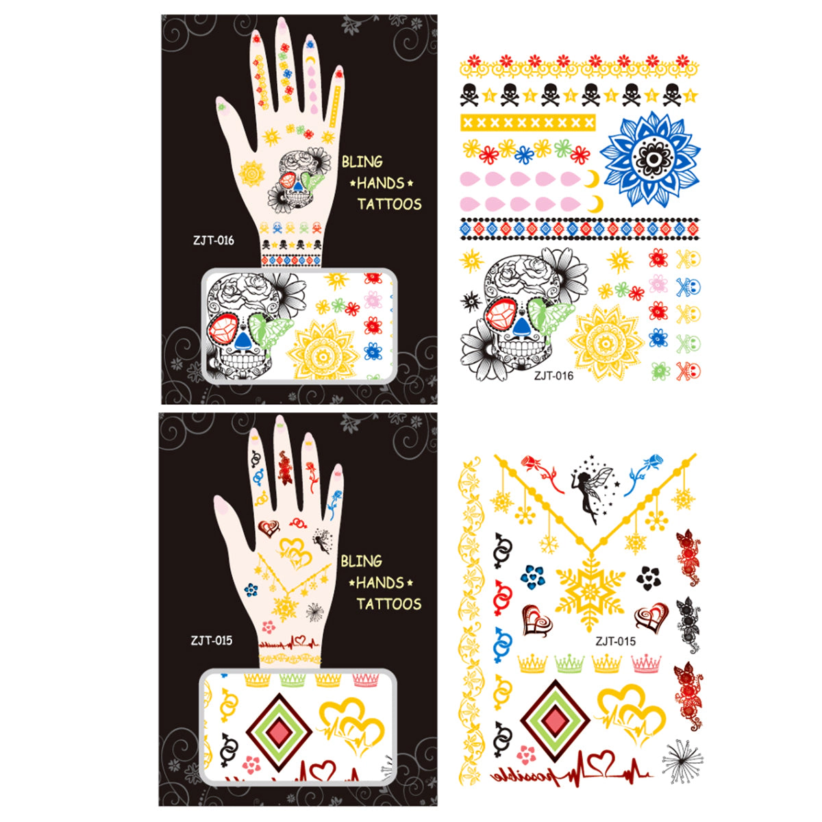 Wrapables Trendy Temporary Metallic Hand Tattoos, Skulls and Snowflake