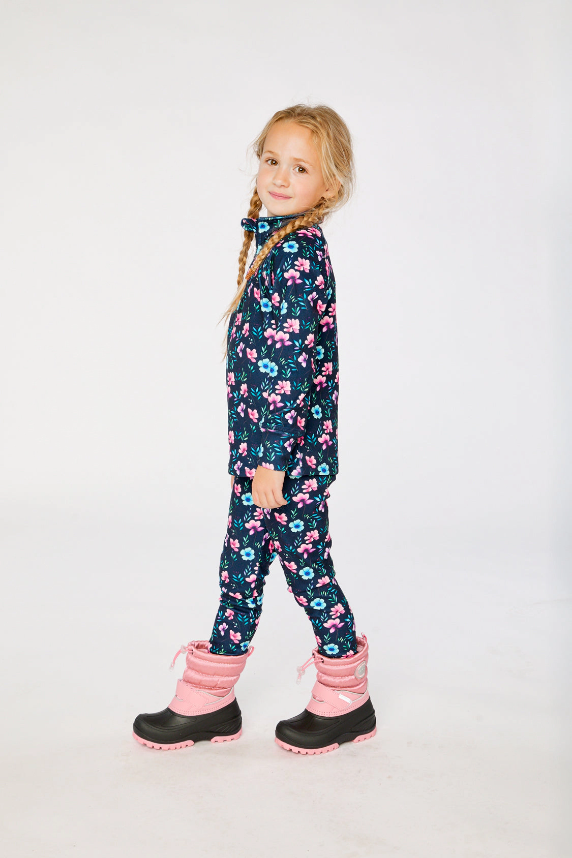 Deux par Girls Two Piece Floral Print Half-Zip Thermal Underwear Top and Pants Set