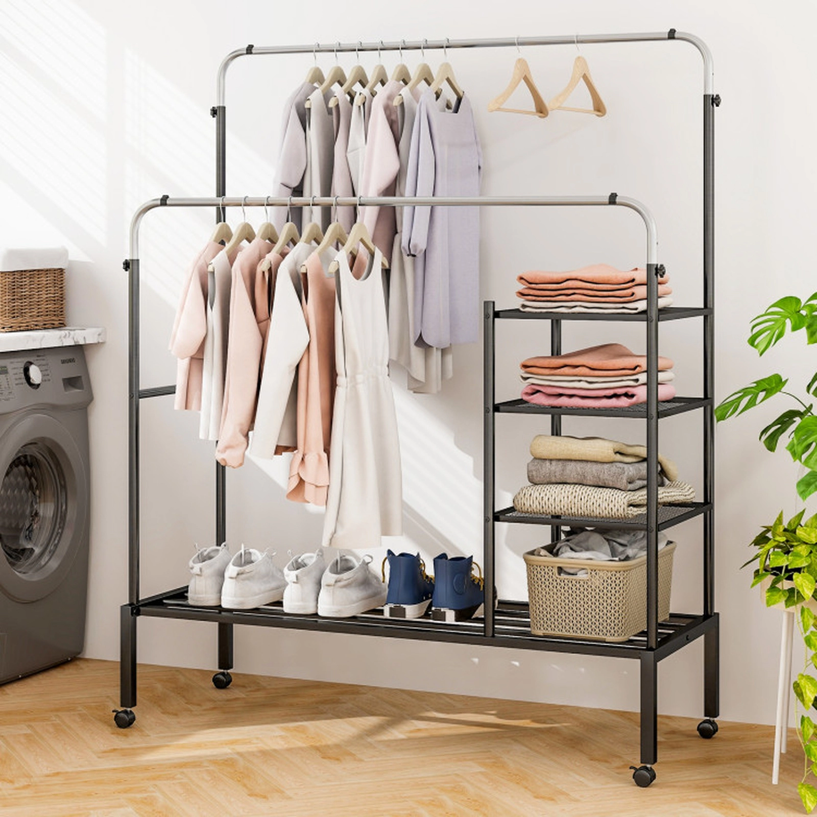 SUGIFT Rolling Double Rods Garment Rack with Height Adjustable Hanging Bars 150-lb Capacity Black + Silver