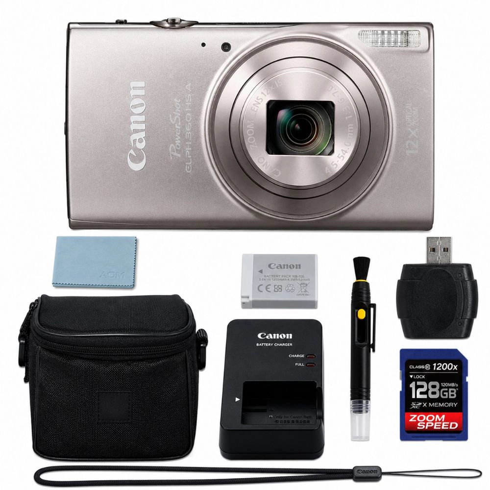Canon PowerShot ELPH 360 HS A Digital Camera (Silver) + 128GB AOM Pro Kit