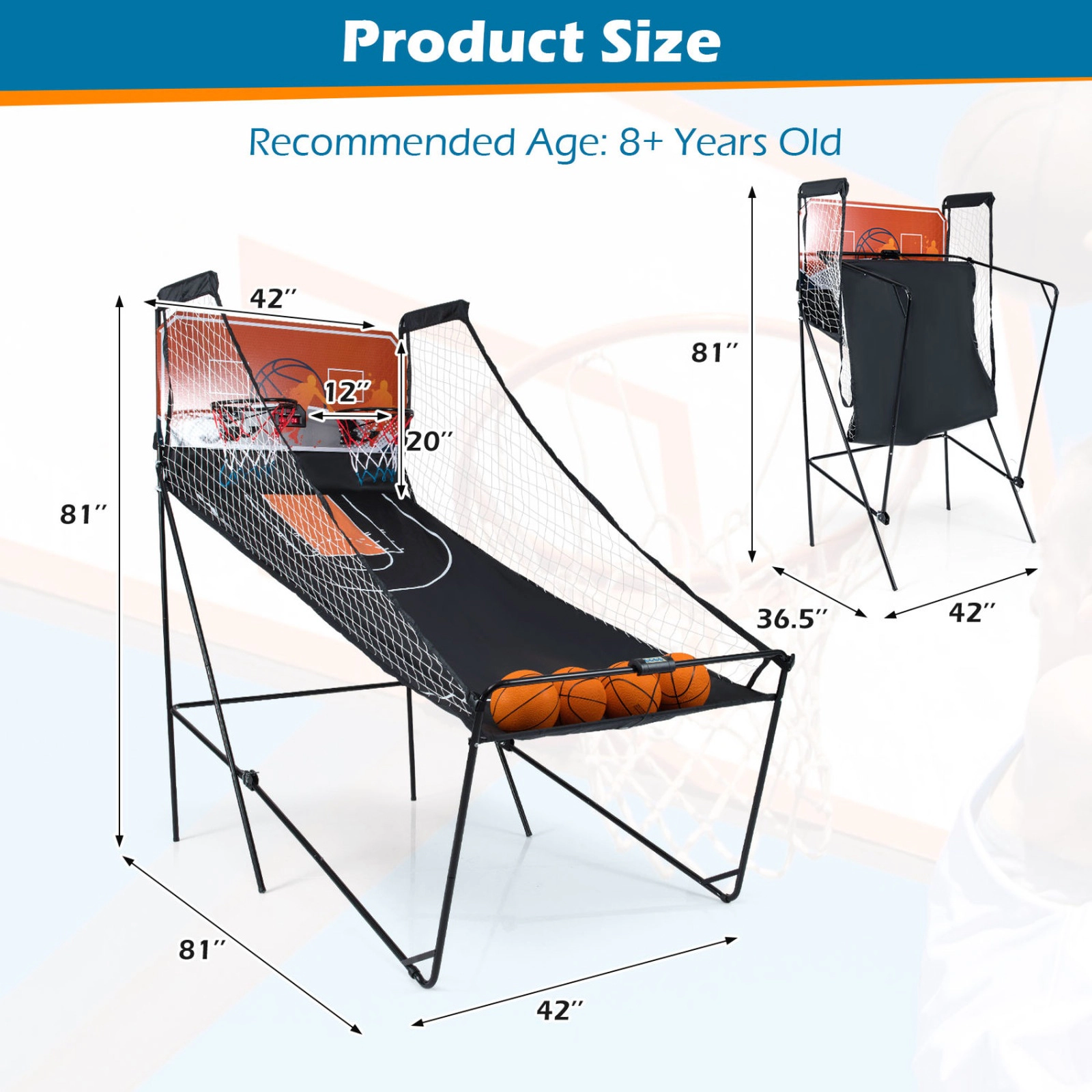 SUGIFT Foldable Kids Basketball Arcade Machine with 8 Playing Modes Electronic Scoring 4 Balls and Pump