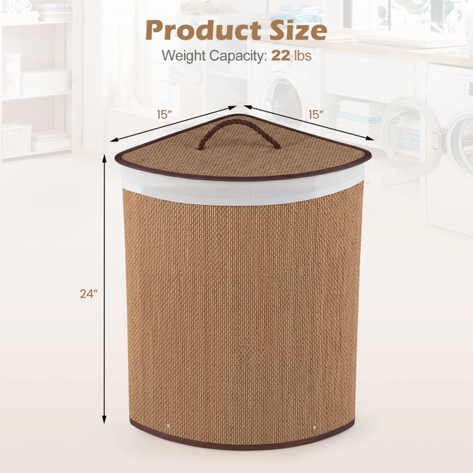SUGIFT 15 Gal Bamboo Corner Laundry Hamper with Cotton Liner and Lid