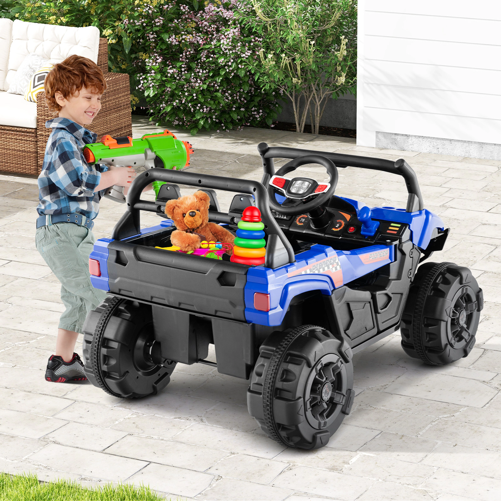 12V Kids Ride On Car Blue Electric Vehicle Parent Remote 3 Speeds Rear Storage Learning Sounds LED Lights Ages 3+