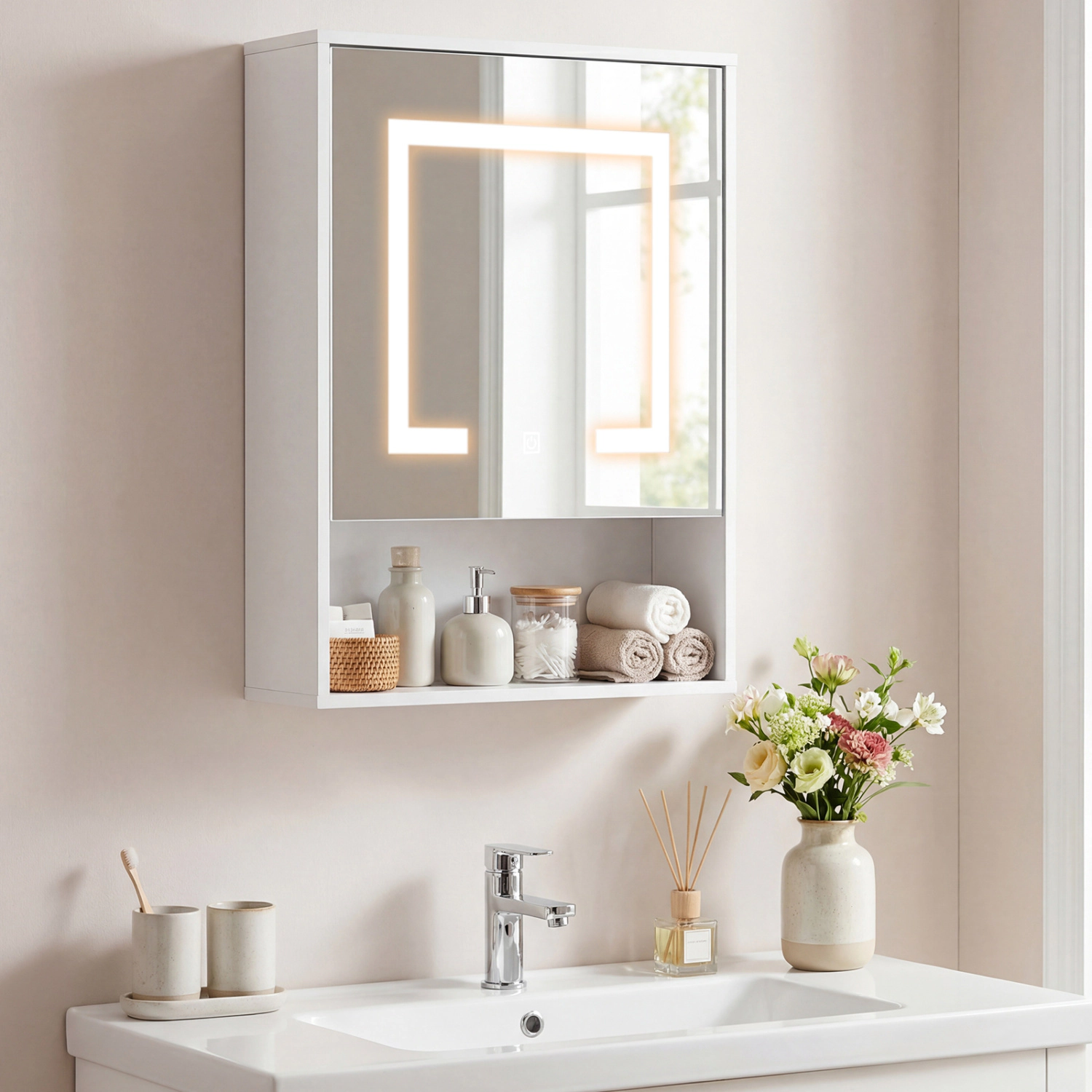 Slickblue White LED Mirror Medicine Cabinet with Adjustable Shelf and Storage