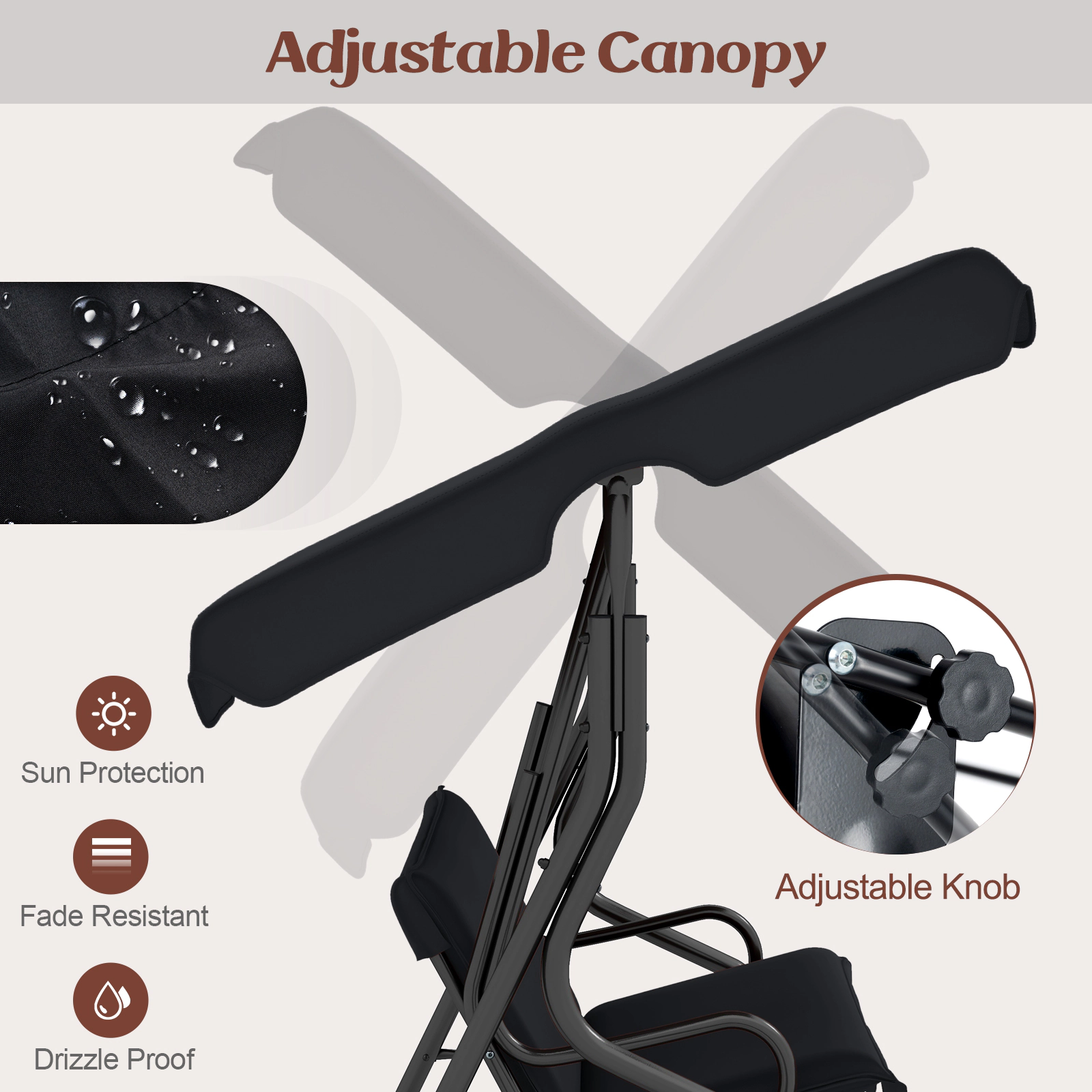 SUGIFT 3-Seat Outdoor Patio Canopy Swing with Cushion 500-lb Capacity Black