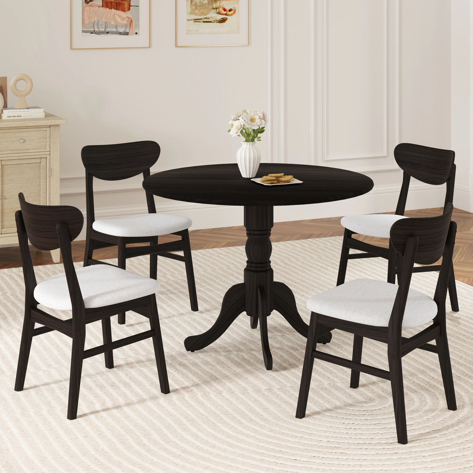 LJG Wooden Dining Table with Round Tabletop and Curved Trestle Legs
