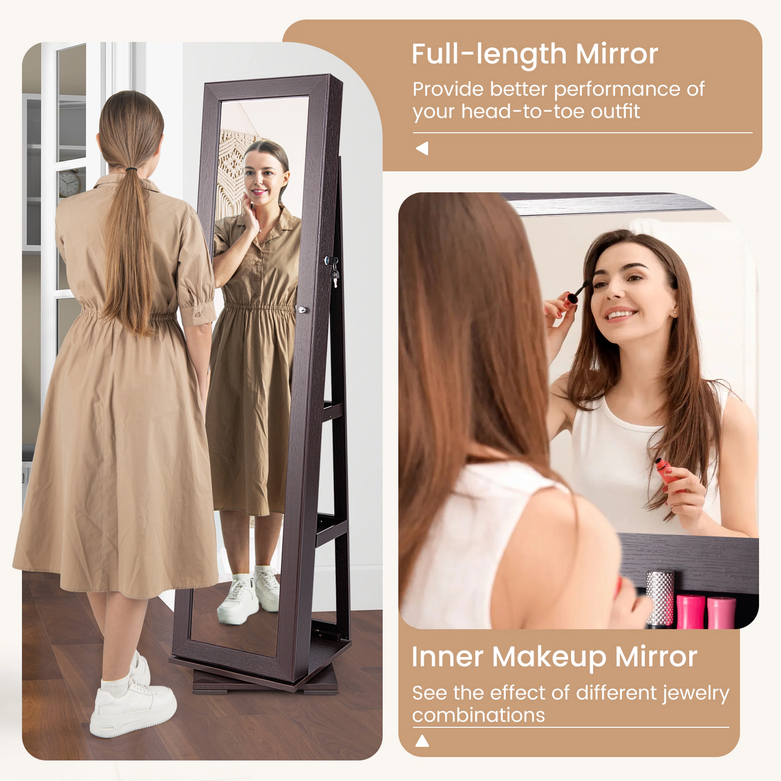Hivvago 360° Rotatable 2-in-1 Lockable Jewelry Cabinet with Full-Length Mirror