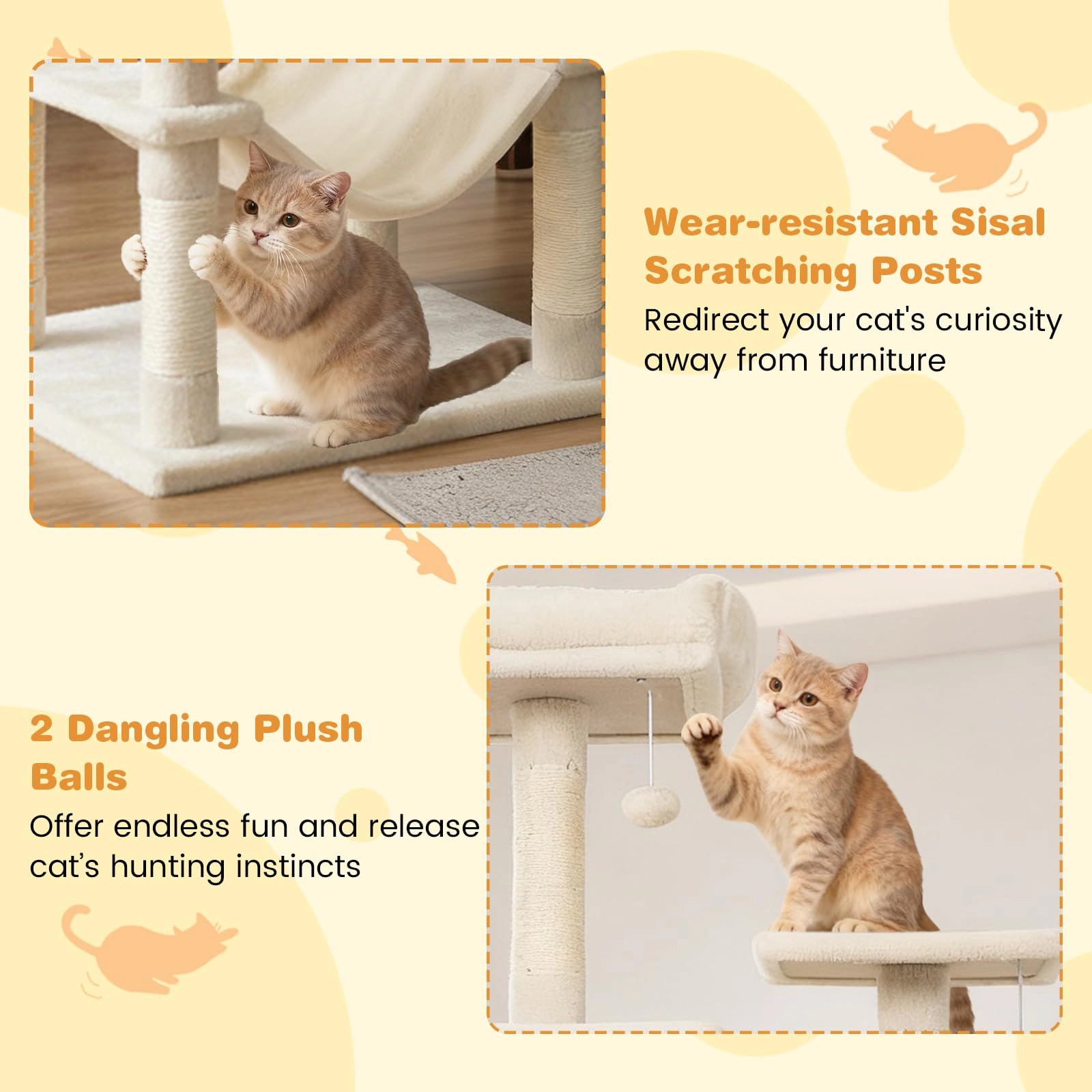 Glintex 58-Inch Cat Tower with 2 Wide-Entrance Condos Basket and Hammock