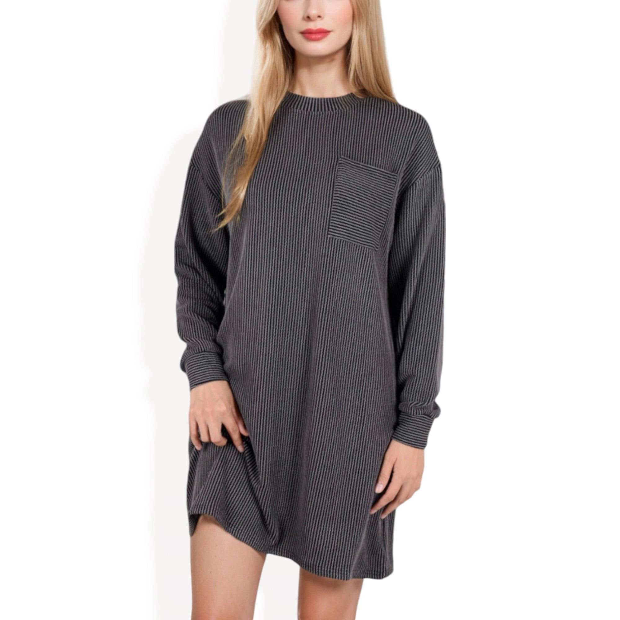 Anna-Kaci Women's Long Sleeve Waffle Knit Oversized Tunic Dress with Front Pocket