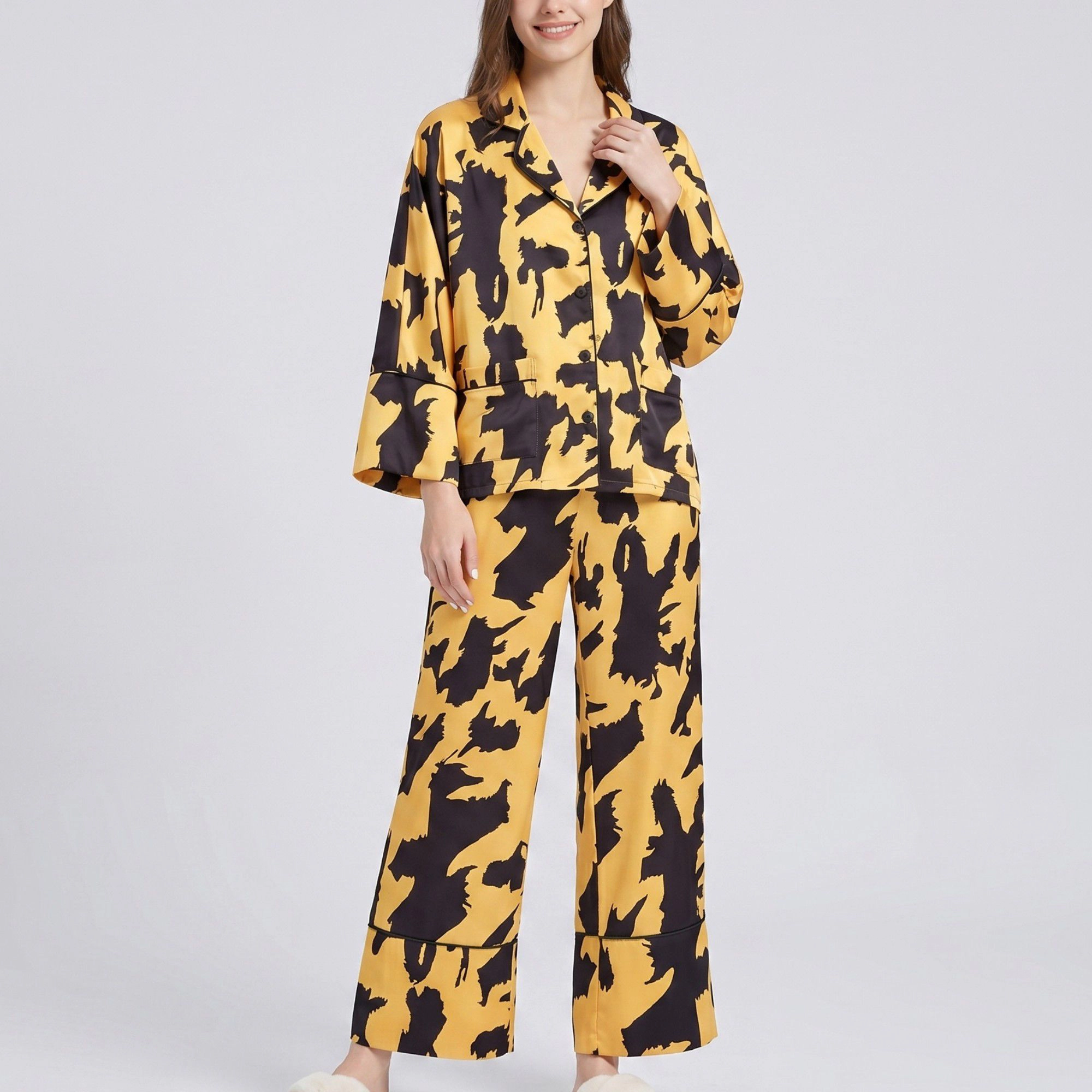 Anna-Kaci Women's 2-Piece Abstract Print Pajama Set with Button Front Top and Wide Leg Pants