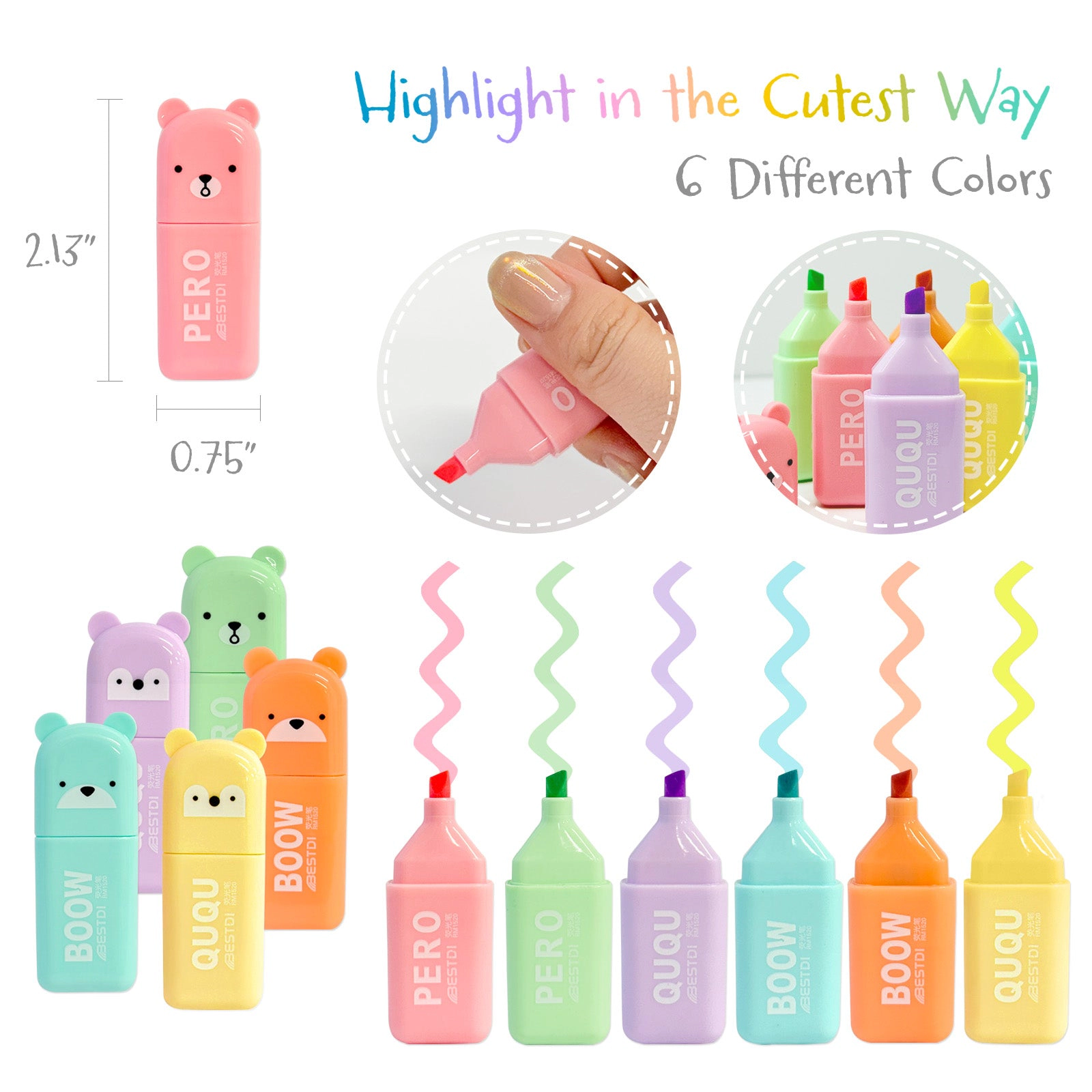 Wrapables 4-Compartment Pencil Case Set with Colorful Bear Highlighters, Black