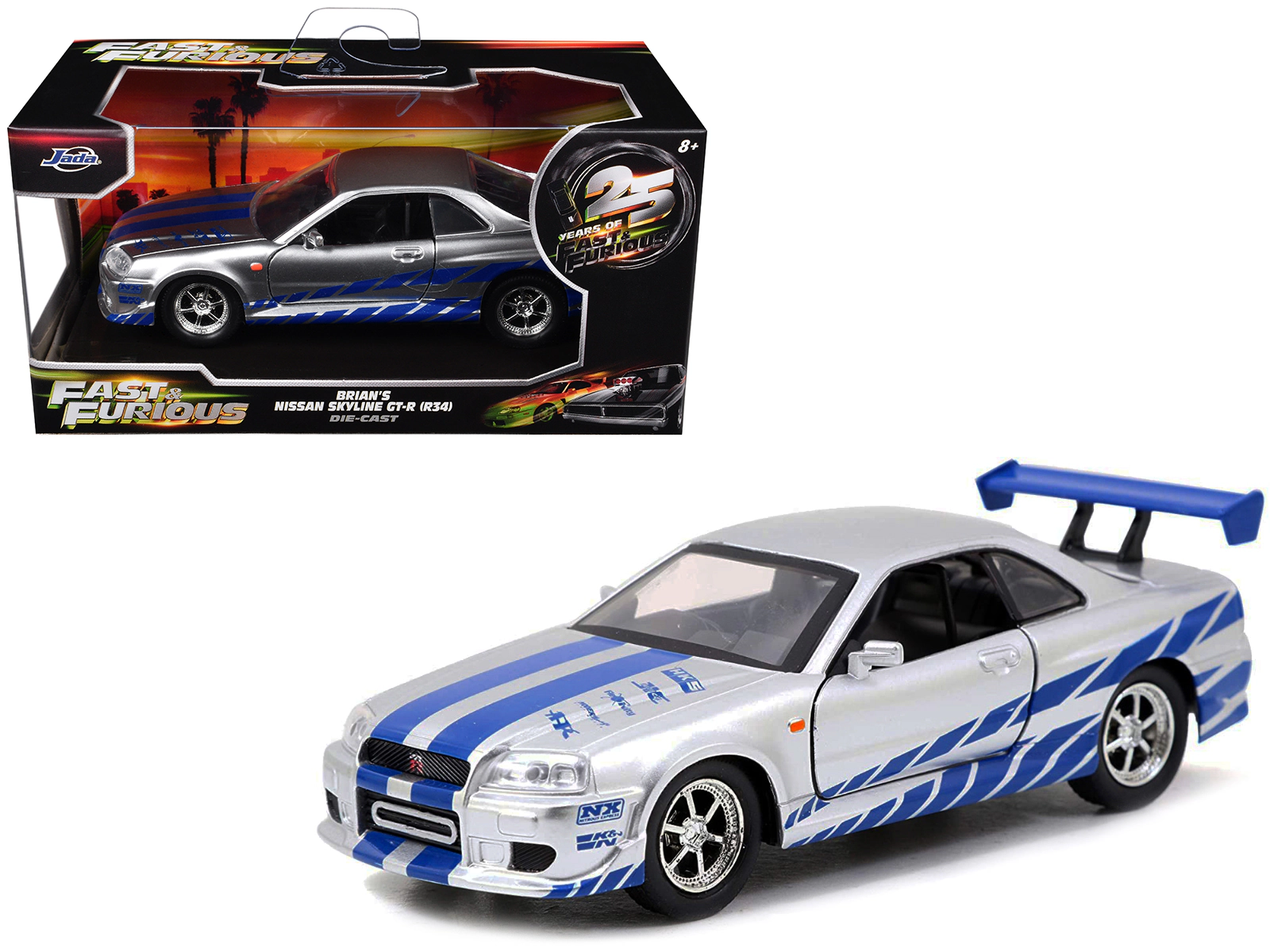 Jada Brian'S Nissan Skyline Gt-R (R34) Rhd (Right Hand Drive) Silver Metallic With Blue Stripes "2 Fast 2