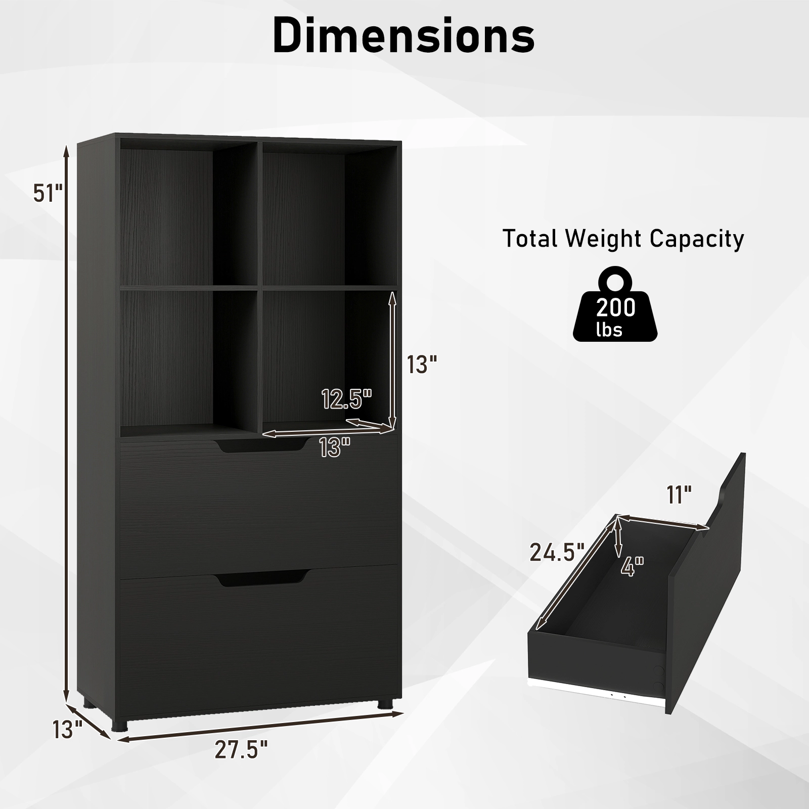 SUGIFT 5-Tier 200-lb Capacity Black 51-in Freestanding Bookshelf with 4 Cubes 2 Pull-Out Drawers