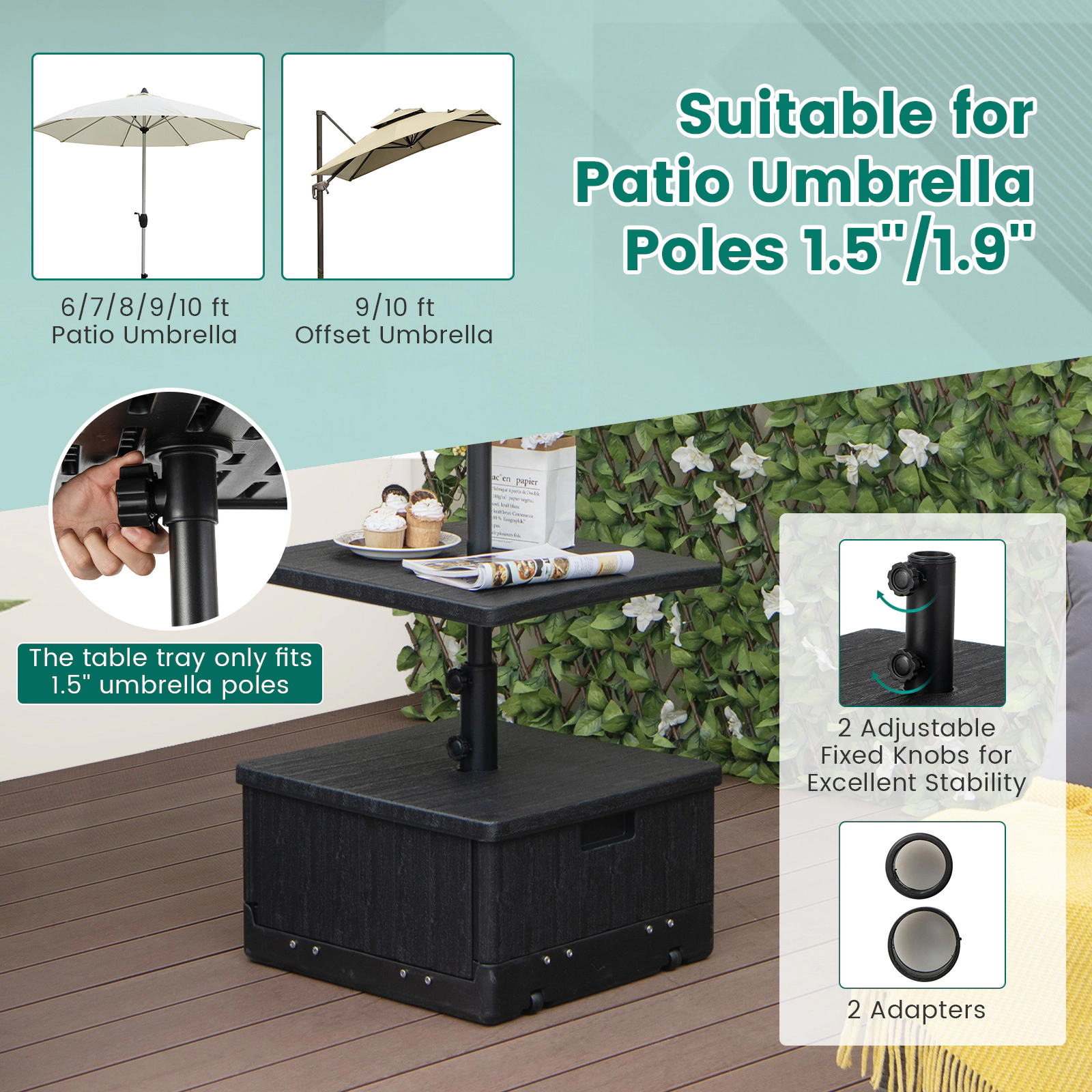 SUGIFT Fillable Outdoor Umbrella Base Table Tray 175-lb Sand Capacity 14.5-Gal Water Capacity for 6-10 ft Market & Patio