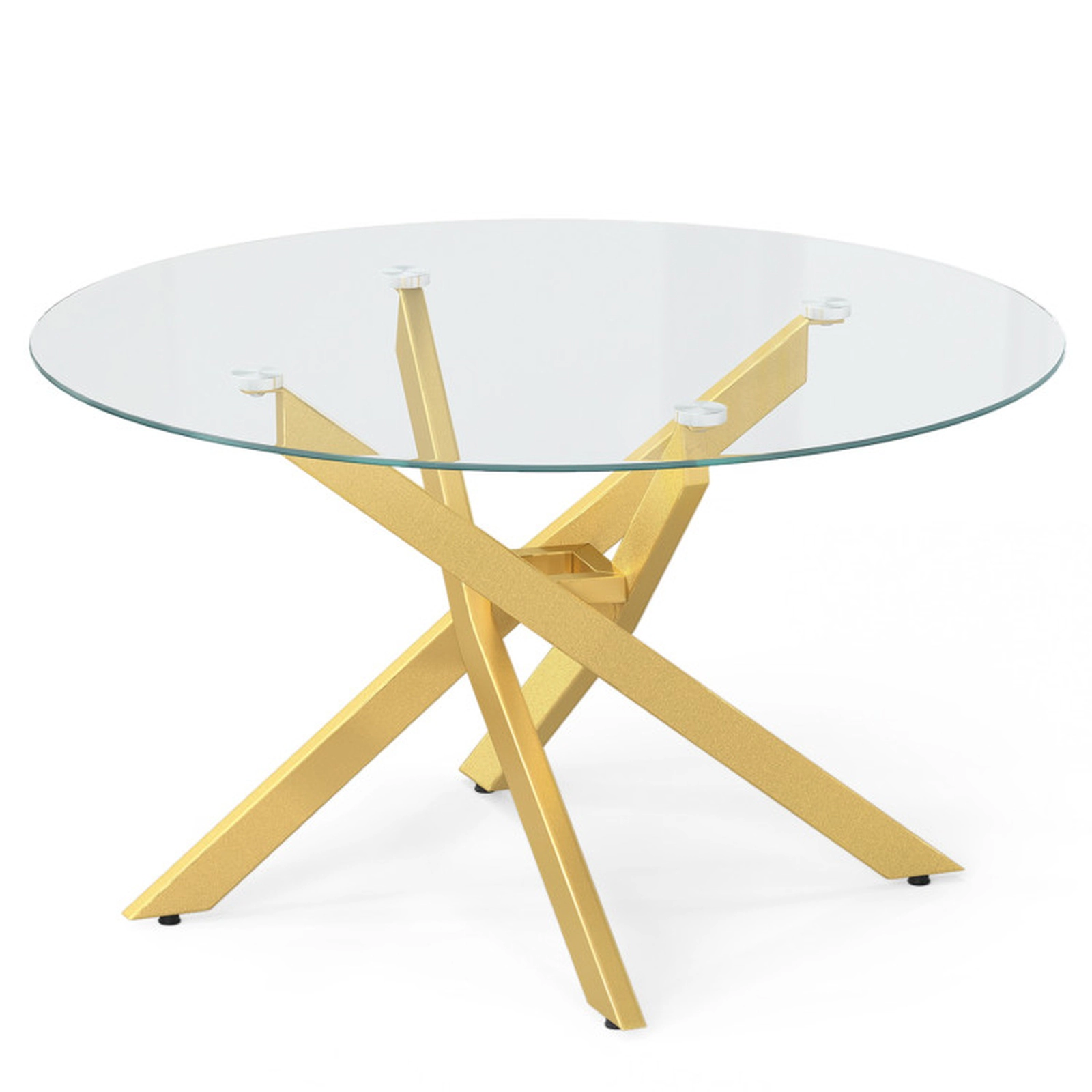 SUGIFT Round Tempered Glass Top Crossed Metal Legs Coffee Table 31.5-in x 31.5-in x 17.5-in 110-lb Capacity Gold