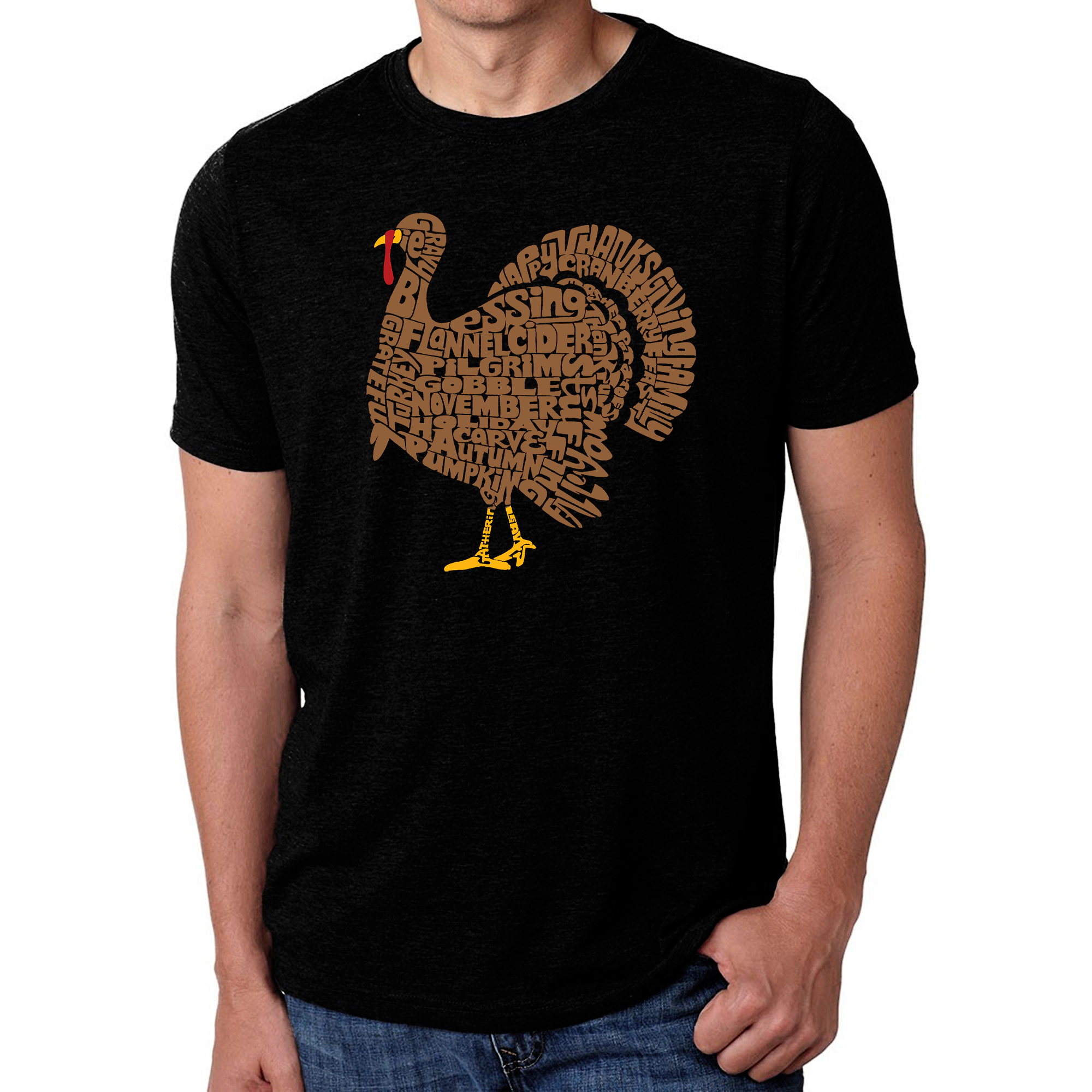 LA Pop Art Men's Cotton-Poly Word T-Shirt - Thanksgiving Turkey