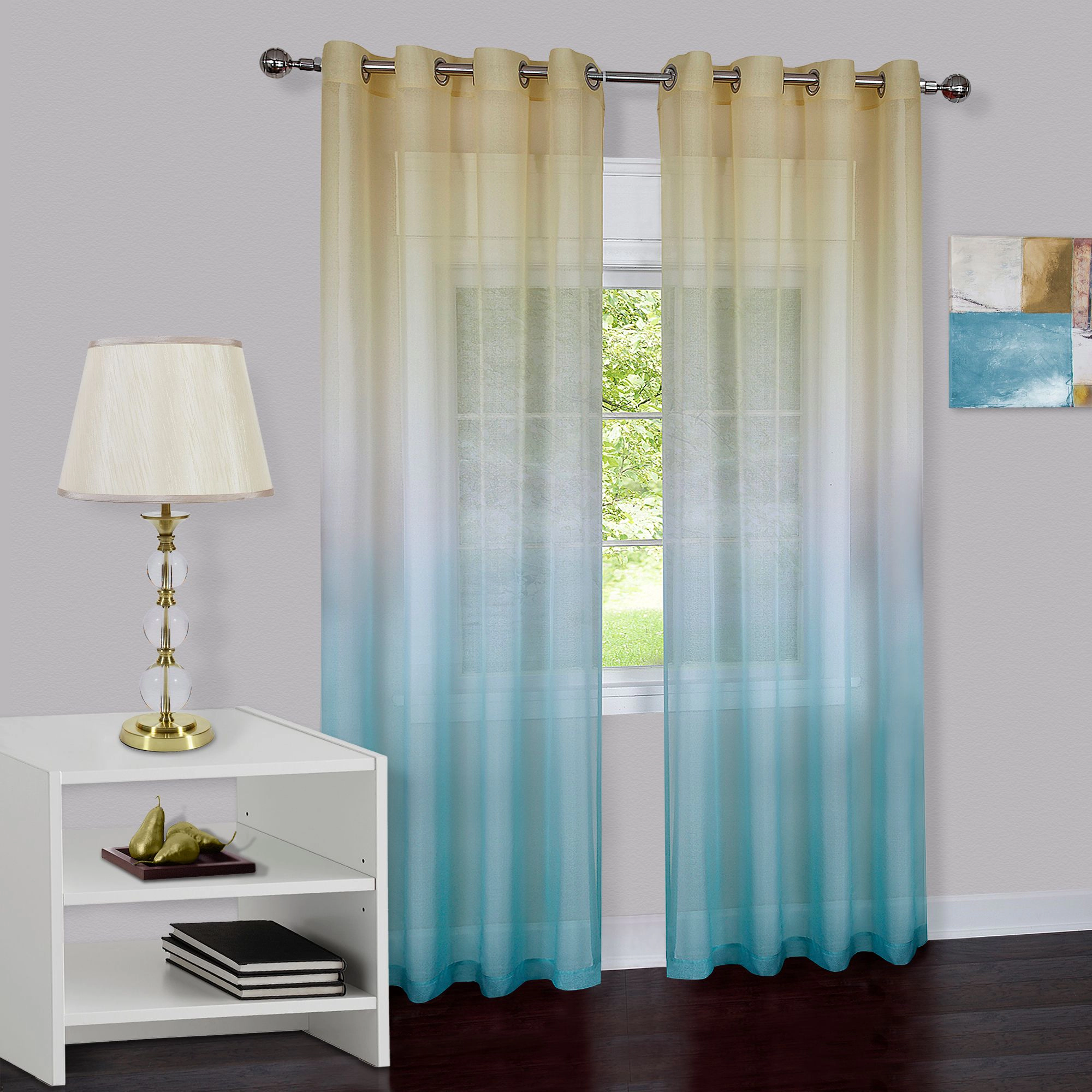 Kate Aurora 2 Piece Blue & Yellow Ombre Summery Sheer Grommet Top Curtain Panels - 84 in. Long