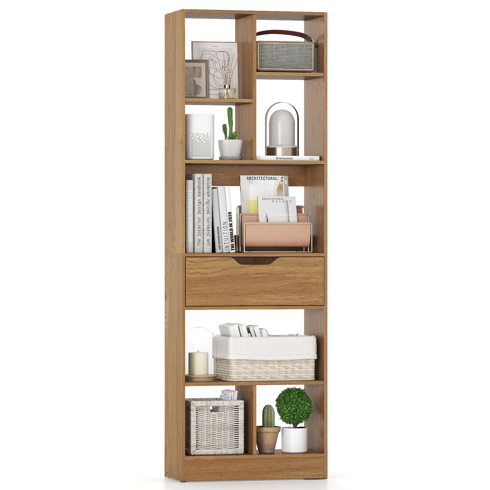 SUGIFT 61-in Tall Freestanding Bookcase with Drawer 8-Cube Storage Organizer 187-lb Total Capacity Natural/White