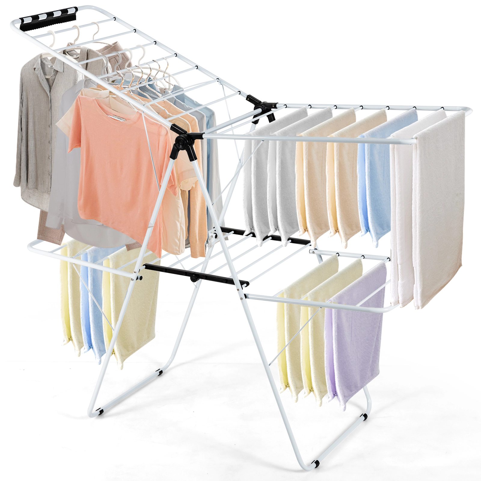 SUGIFT 2-Tier Foldable Clothes Drying Rack White with Adjustable Gullwing Arms