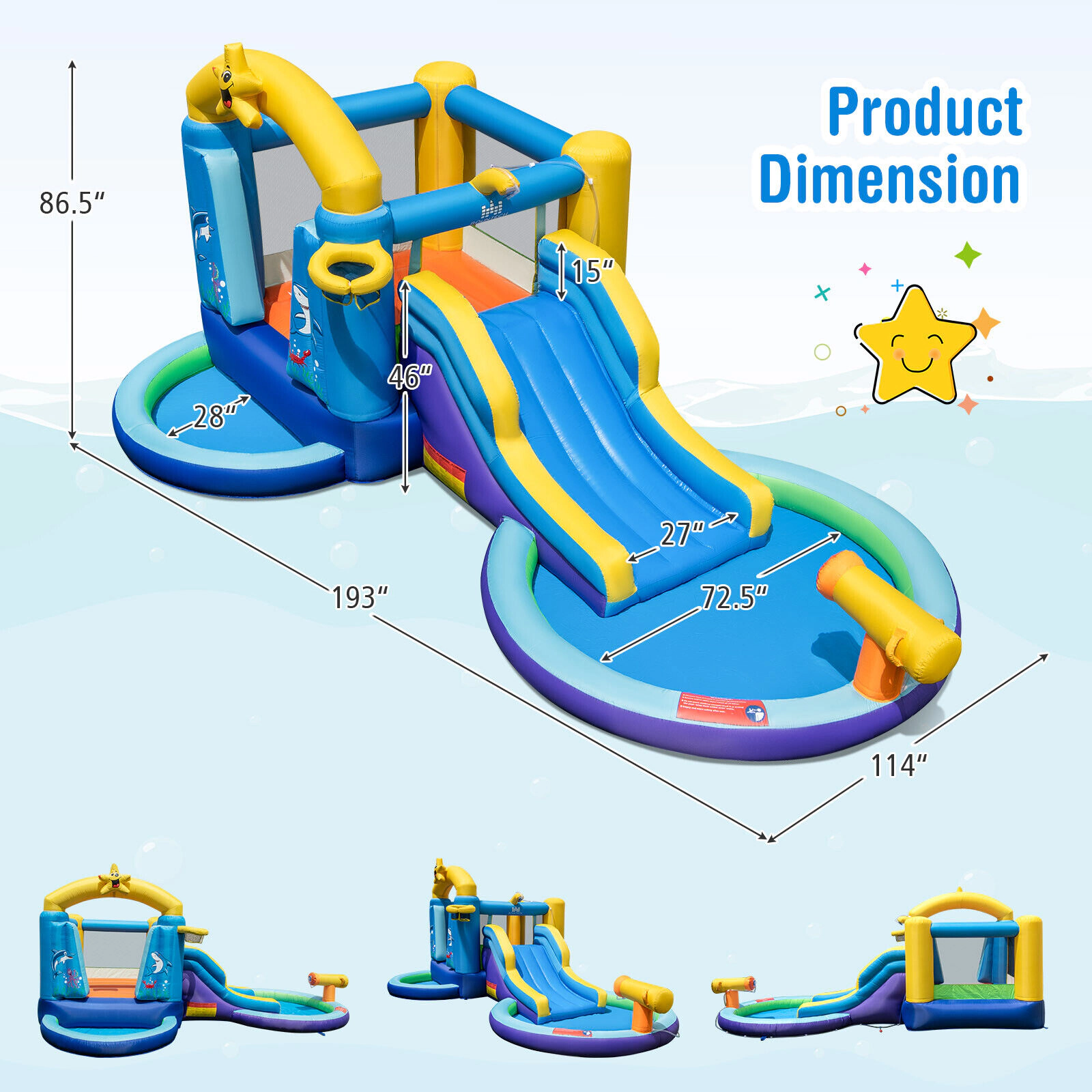 SUGIFT Blue Ocean Themed 2 Pools and 680W Blower Kids Inflatable Bounce House