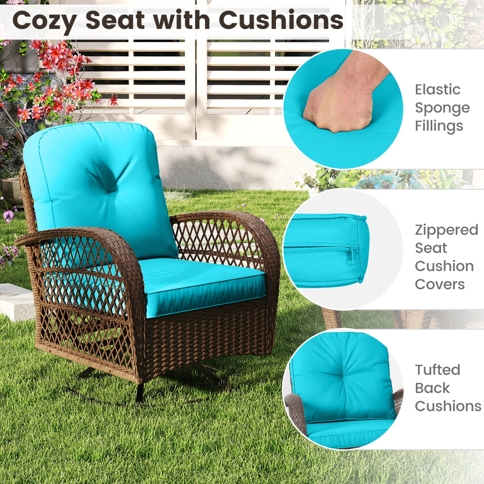 SUGIFT 3-Piece Turquoise PE Rattan Swivel Rocker Chair Set with Tempered Glass Table, 400 lb Capacity