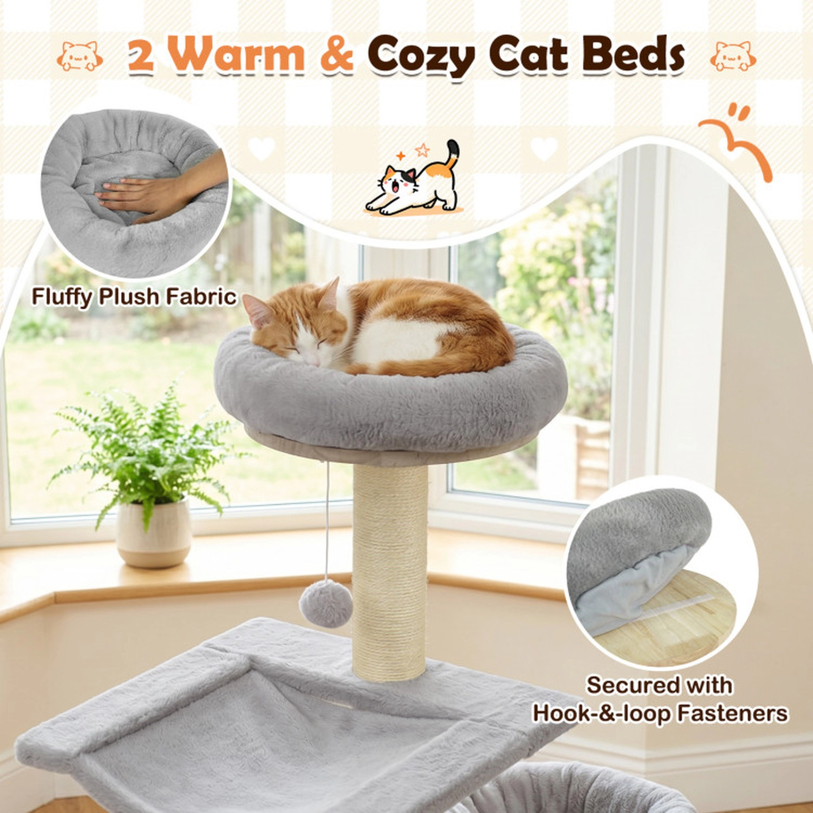 SUGIFT 55-in Solid Rubber Wood Cat Tree with Condo Hammock and Scratching Posts 33-lb Capacity Natural + Gray