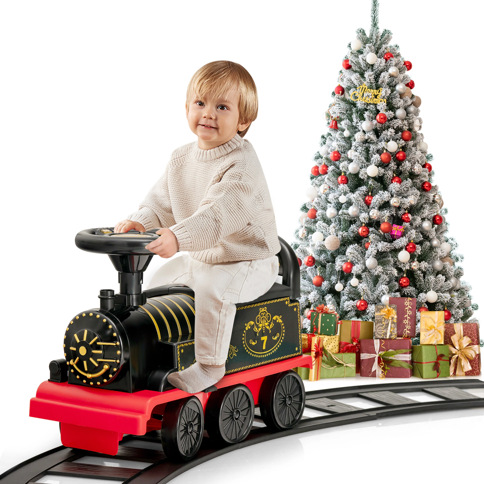 Costway 6V Electric Kids Ride On Train Motorized Toy w/ Track & 6 Wheels Blue