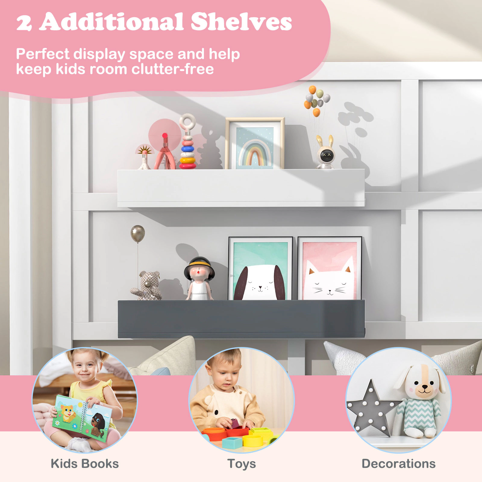 SUGIFT White and Gray 2 Shelves and 16-in Guardrails Twin Kids Wood House Montessori Floor Bed