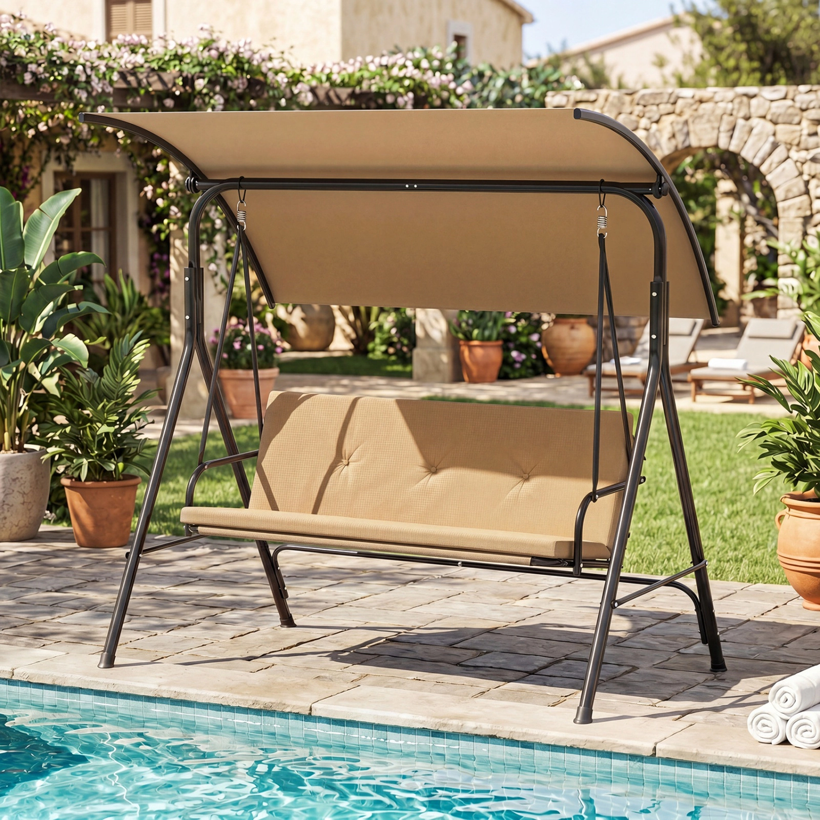 SUGIFT Beige 2-Seat Patio Swing Chair, 800-Lb Capacity, Adjustable Canopy, Metal Stand