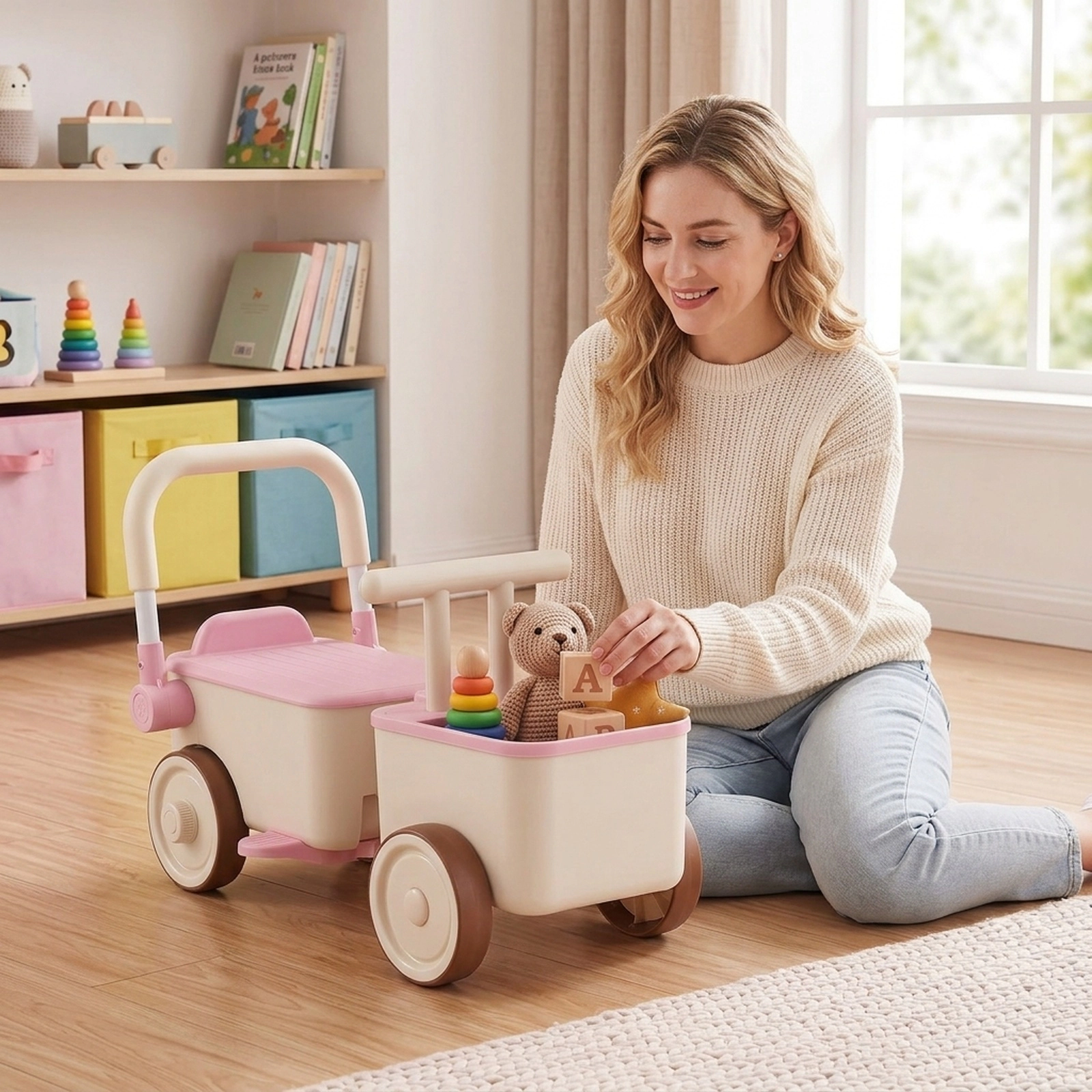 3-in-1 Kids Ride On Push Car Foldable Push Handle Tow Rope Storage Basket Toddler Push Walker Ages 3-6 Pink
