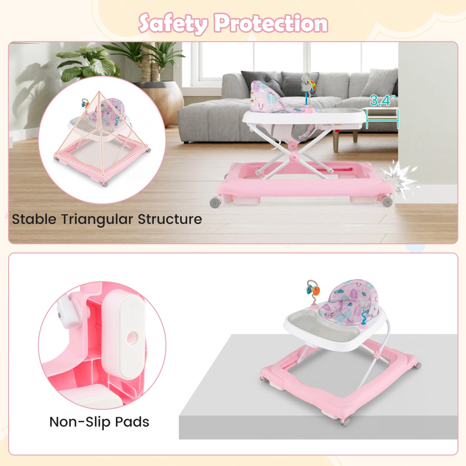 SUGIFT Foldable Baby Walker Adjustable Height & Feeding Tray 26-lb Capacity Ages 6-12 Months Pink with Shape Sorters