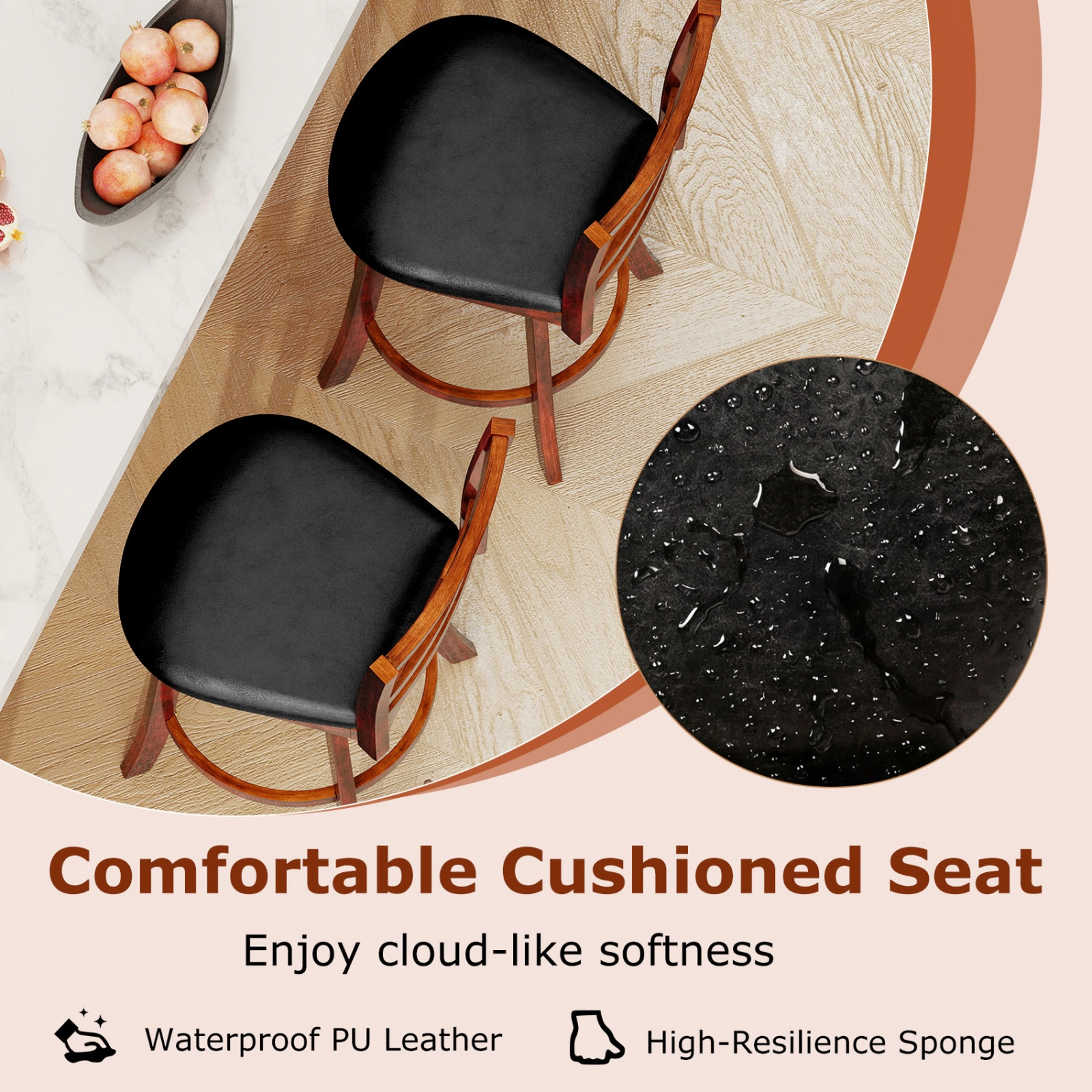 SUGIFT Set of 2 24-Inch Counter-Height Swivel Bar Stools, Rubberwood, Backrest and Footrest
